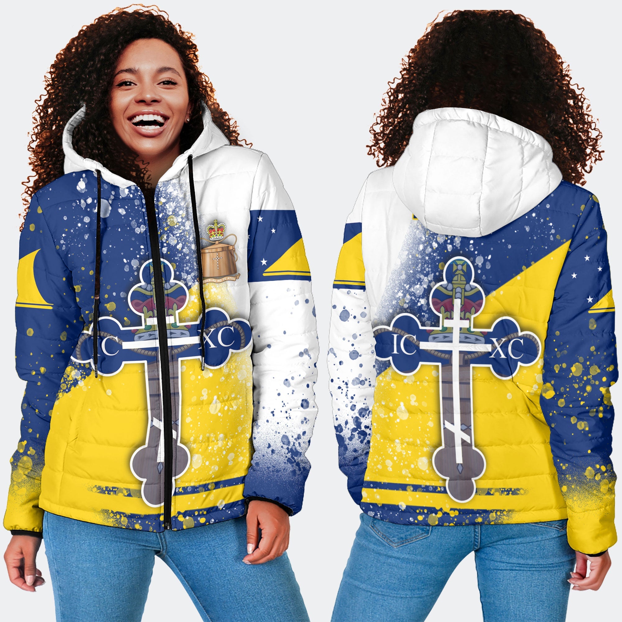 Tokelau Women Hooded Padded Jacket Flag & Coat Of Arms Orthodox Style