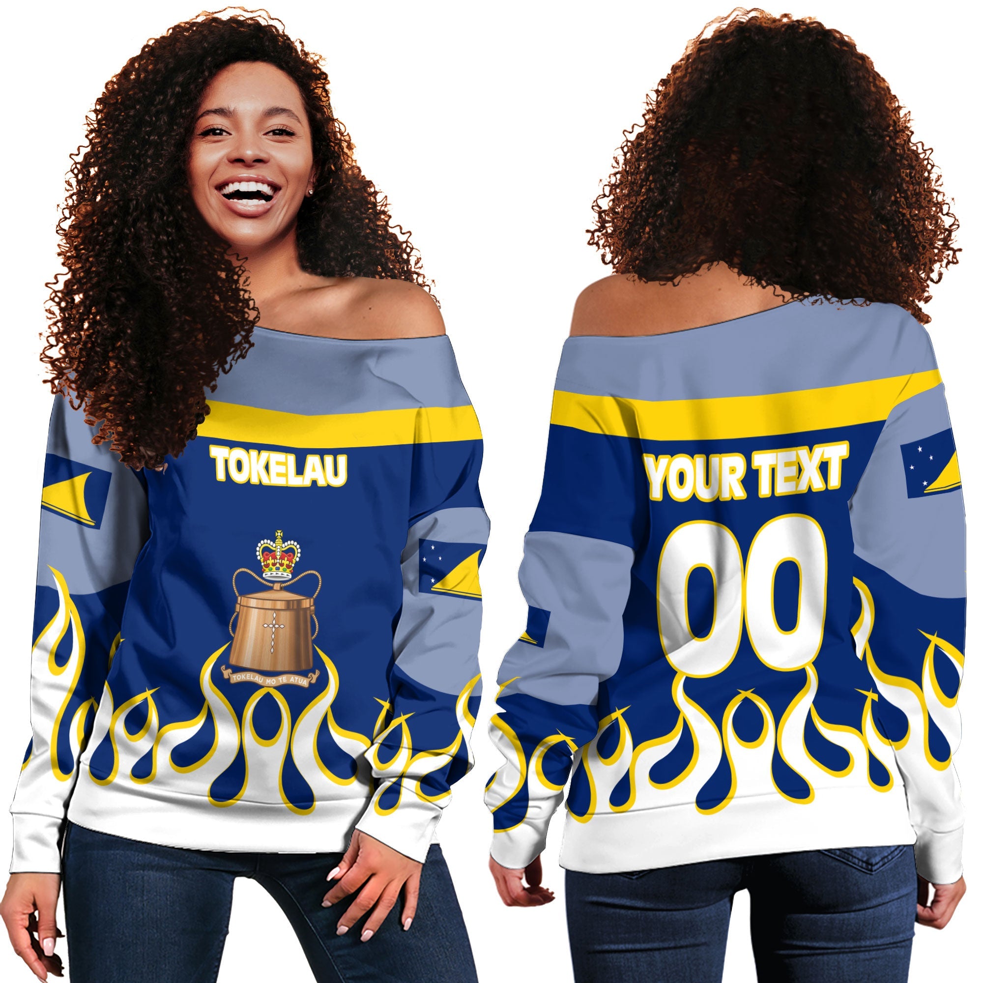 Tokelau Women Off Shoulder Sweatshirt Flag & Coat Of Arms Fire Hockey Style