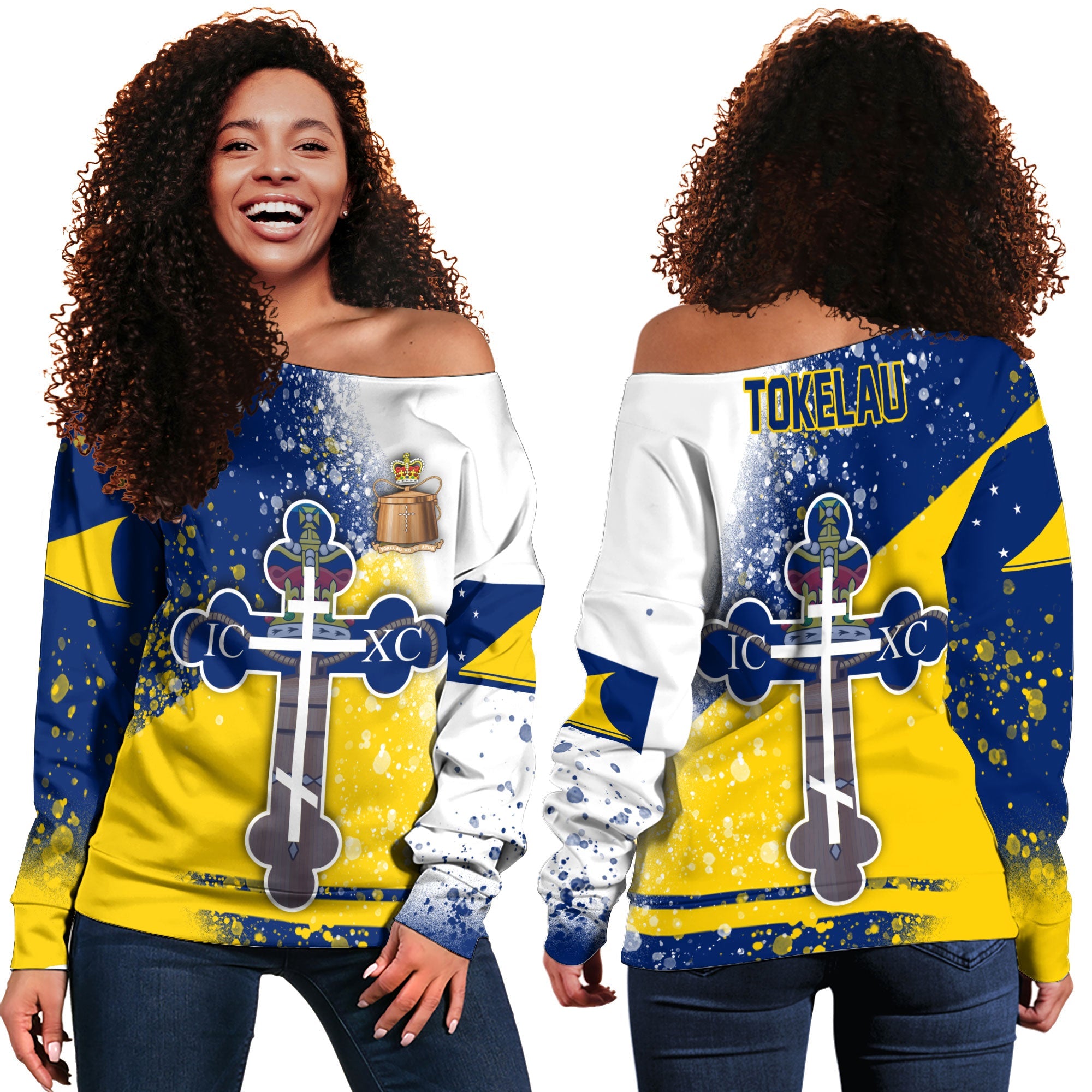 Tokelau Women Off Shoulder Sweatshirt Flag & Coat Of Arms Orthodox Style