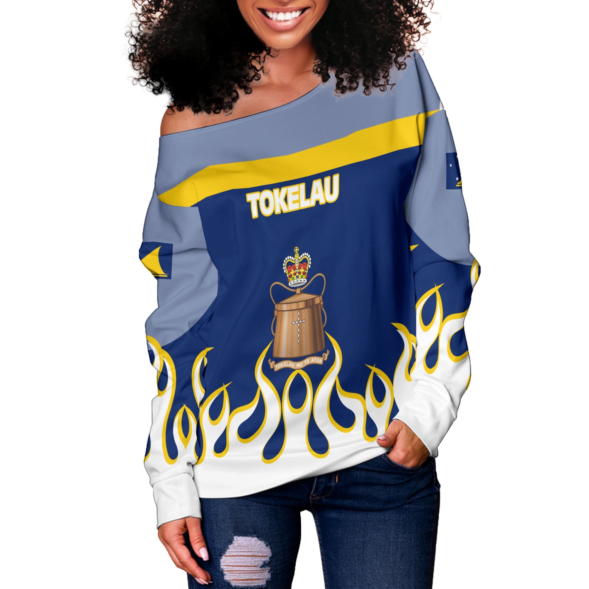 Tokelau Women Off Shoulder Sweatshirt Flag & Coat Of Arms Fire Hockey Style