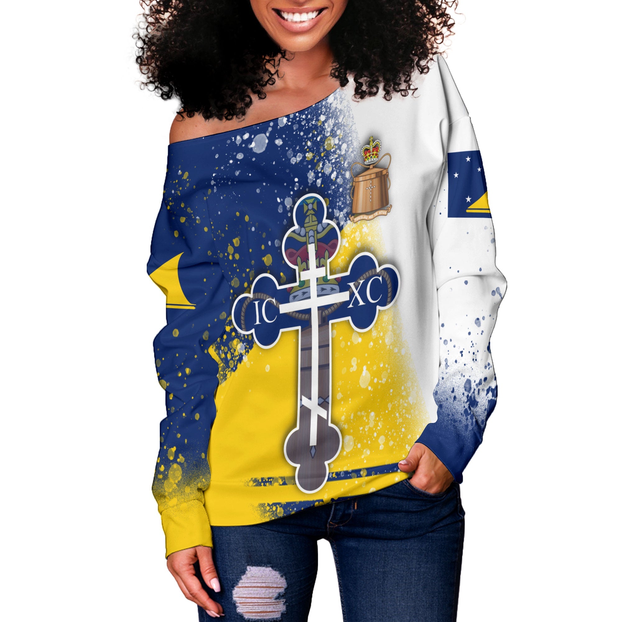 Tokelau Women Off Shoulder Sweatshirt Flag & Coat Of Arms Orthodox Style