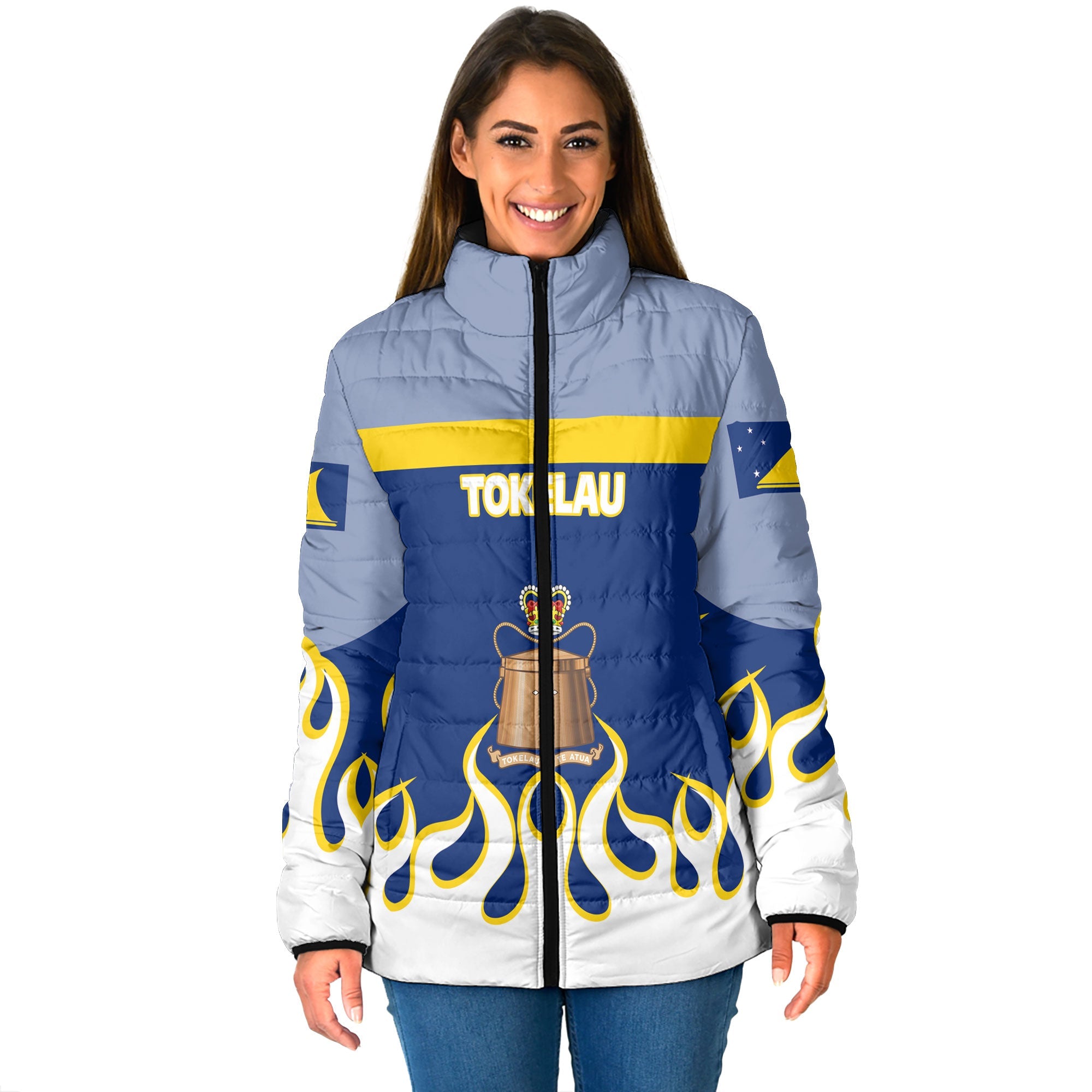 Tokelau Women Padded Jacket Flag & Coat Of Arms Fire Hockey Style