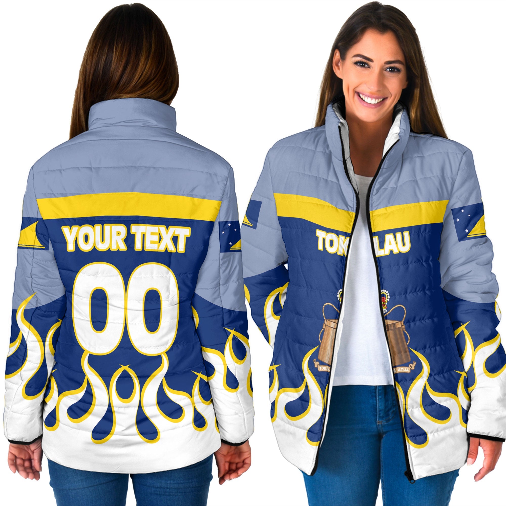 Tokelau Women Padded Jacket Flag & Coat Of Arms Fire Hockey Style