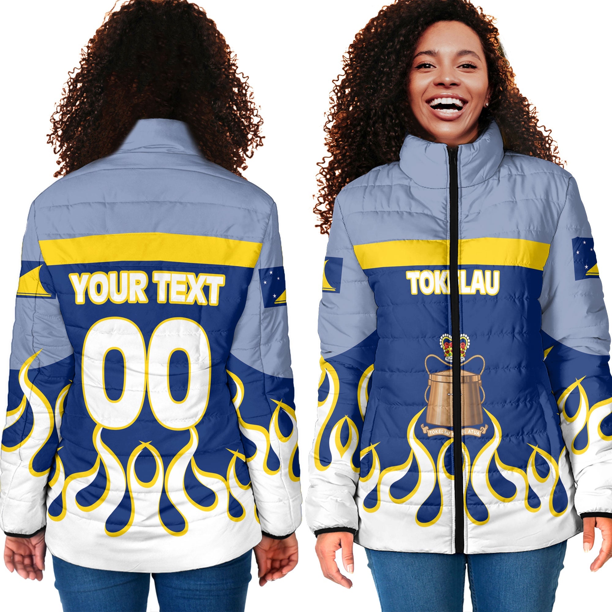 Tokelau Women Padded Jacket Flag & Coat Of Arms Fire Hockey Style