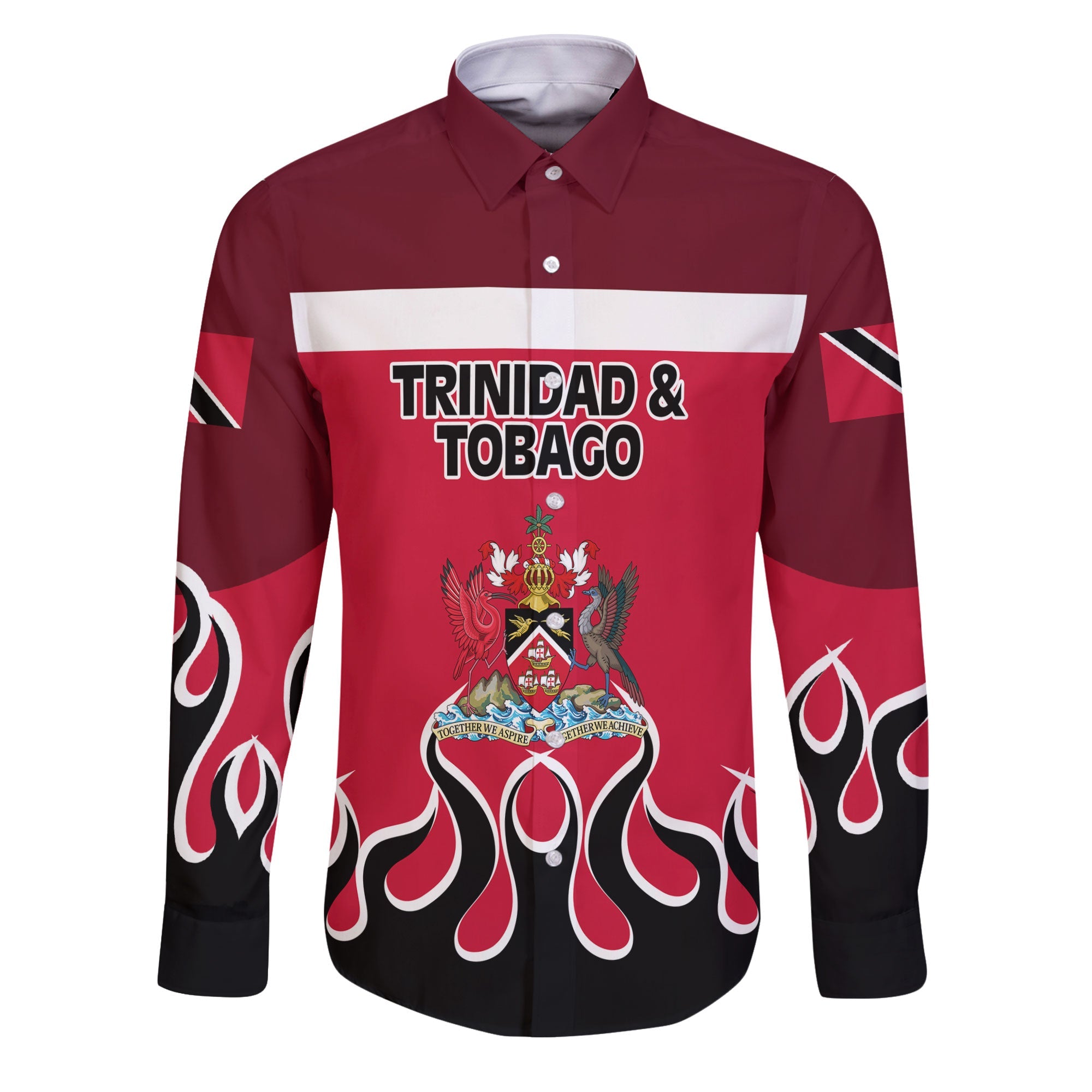 Trinidad and Tobago Long Sleeve Button Shirt Flag & Coat Of Arms Fire Hockey Style