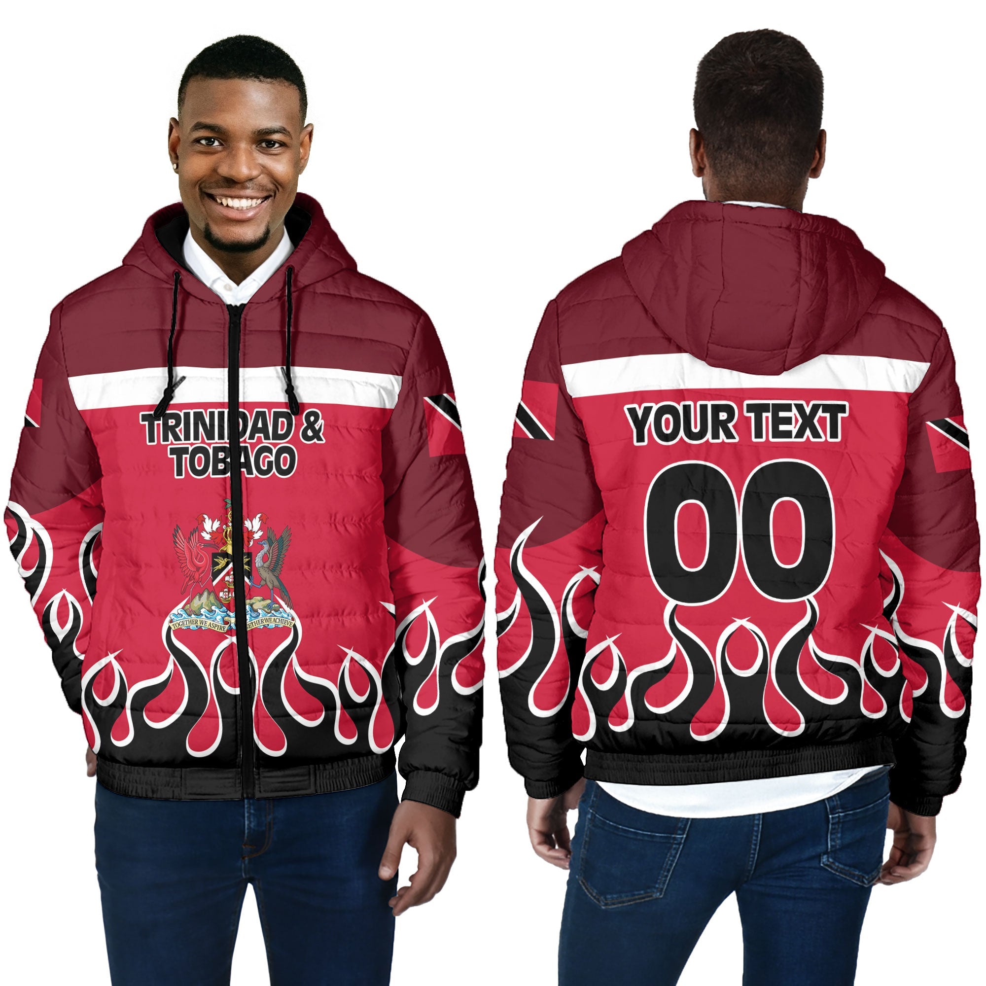 Trinidad and Tobago Men Hooded Padded Jacket Flag & Coat Of Arms Fire Hockey Style