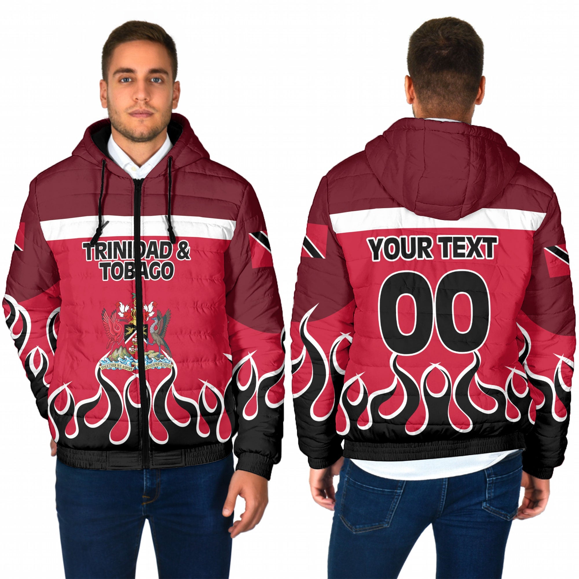 Trinidad and Tobago Men Hooded Padded Jacket Flag & Coat Of Arms Fire Hockey Style