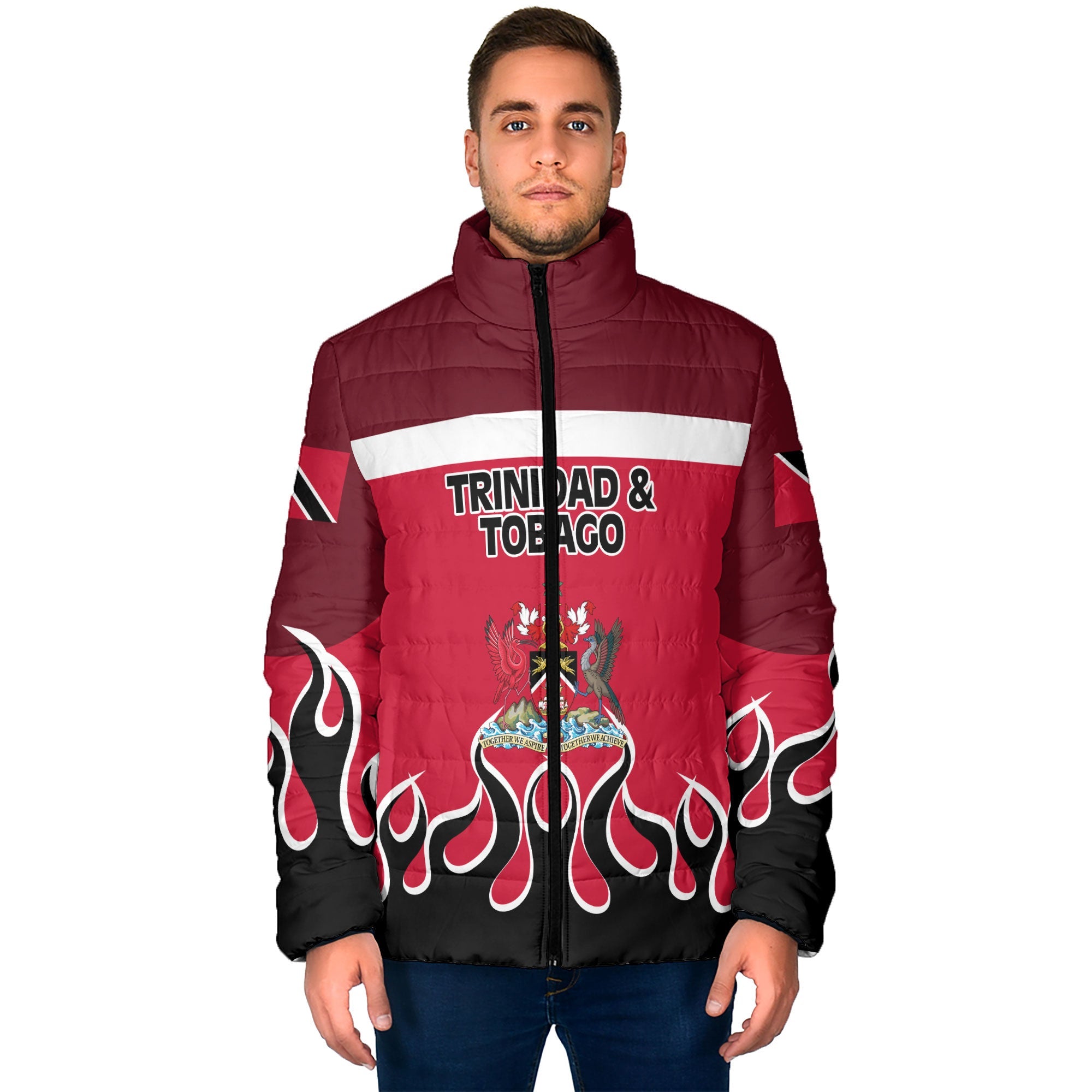 Trinidad and Tobago Men Padded Jacket Flag & Coat Of Arms Fire Hockey Style