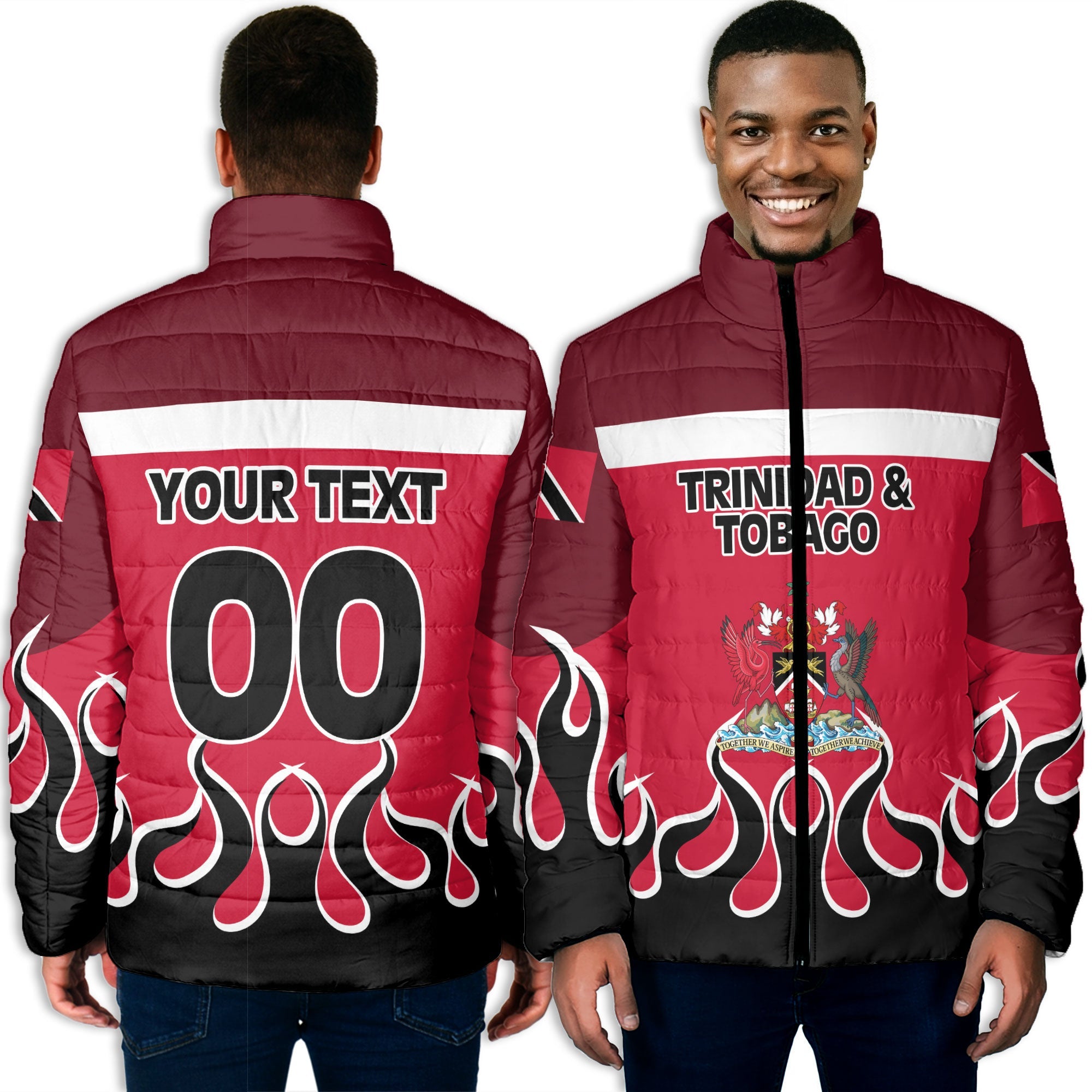 Trinidad and Tobago Men Padded Jacket Flag & Coat Of Arms Fire Hockey Style