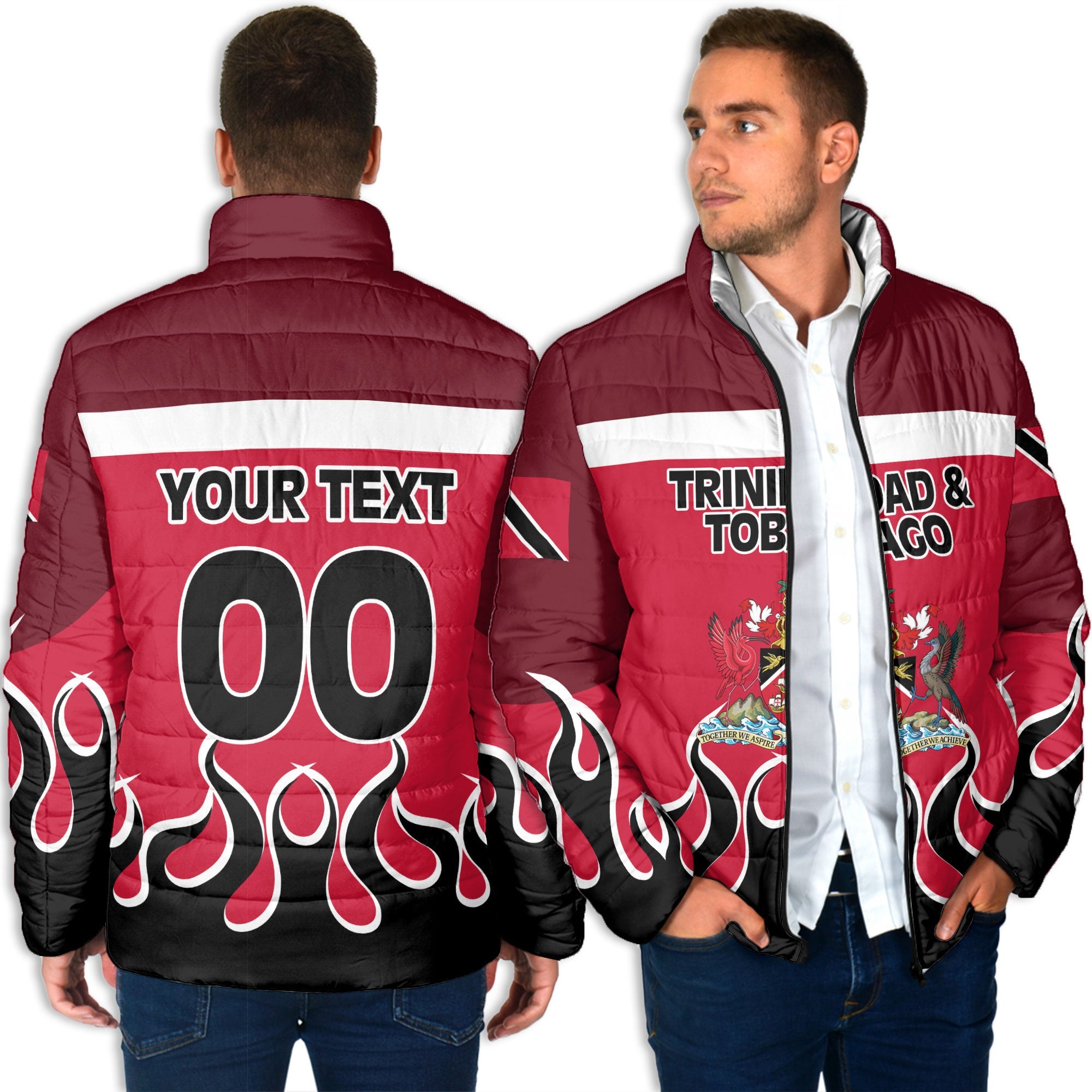 Trinidad and Tobago Men Padded Jacket Flag & Coat Of Arms Fire Hockey Style