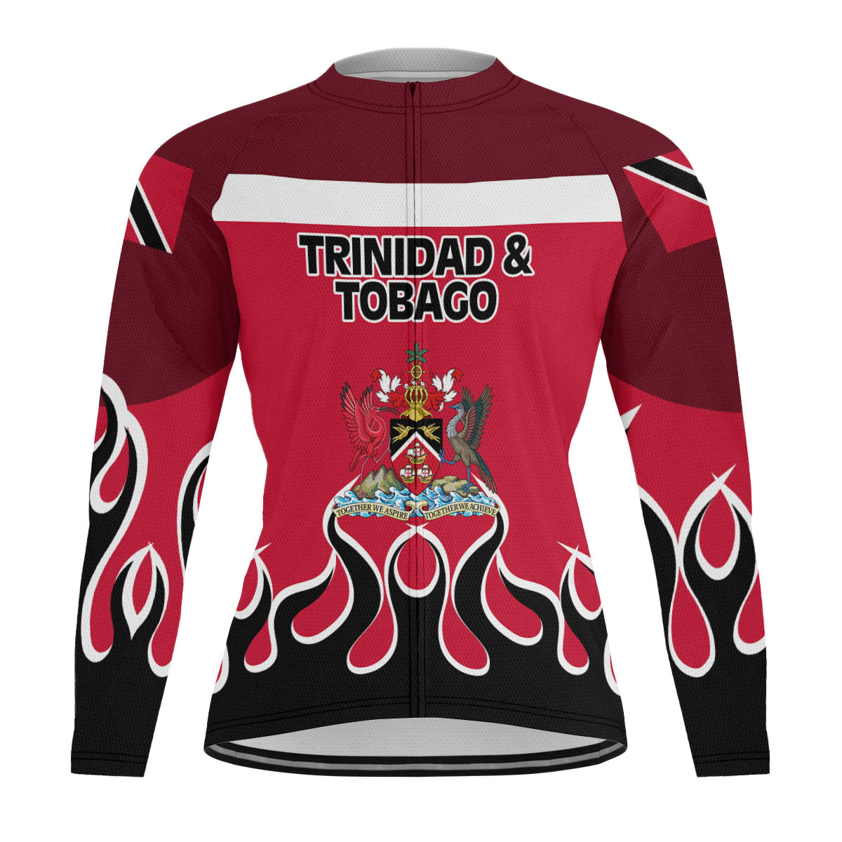 Trinidad and Tobago Men's Cycling Jersey Long Sleeve Flag & Coat Of Arms Fire Hockey Style