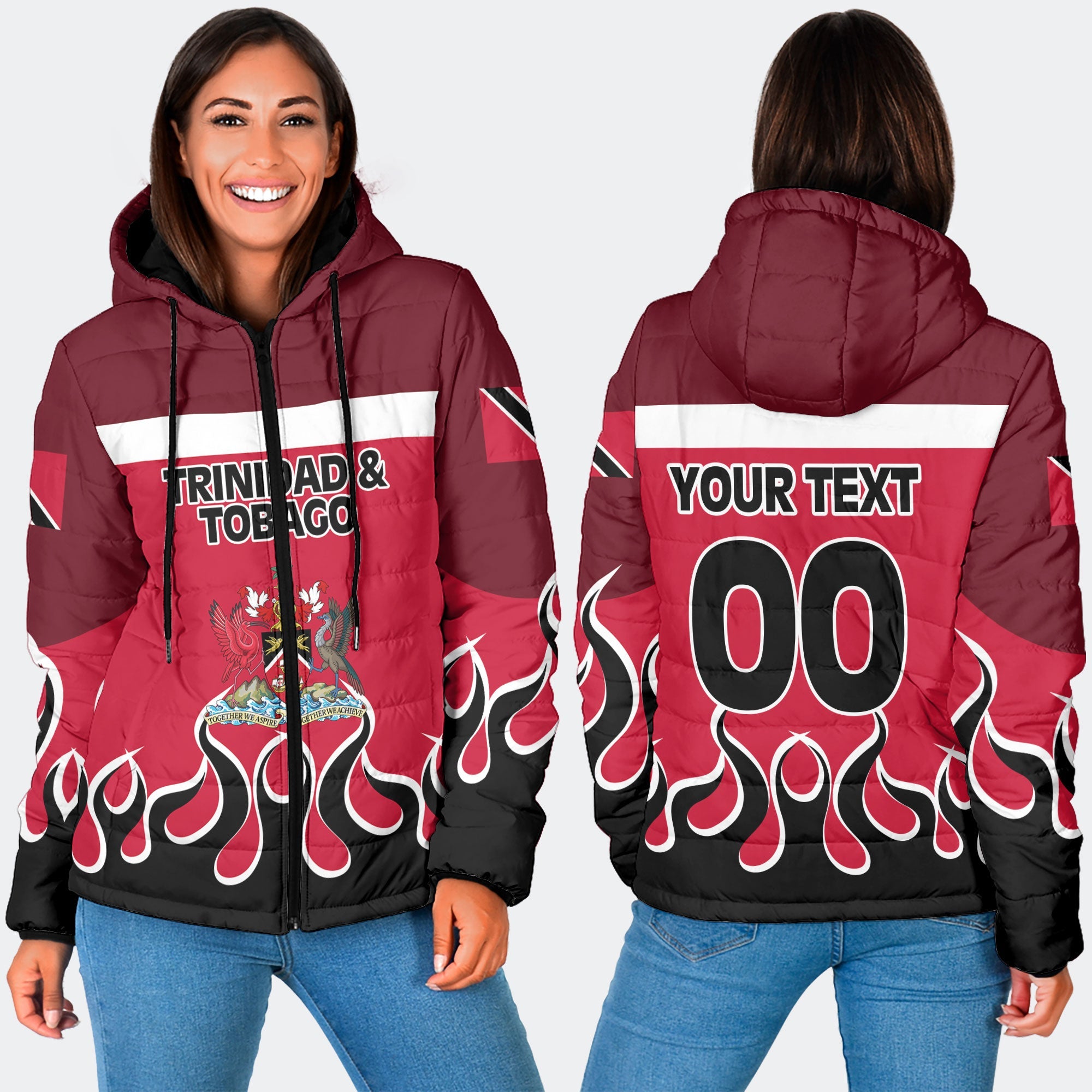 Trinidad and Tobago Women Hooded Padded Jacket Flag & Coat Of Arms Fire Hockey Style