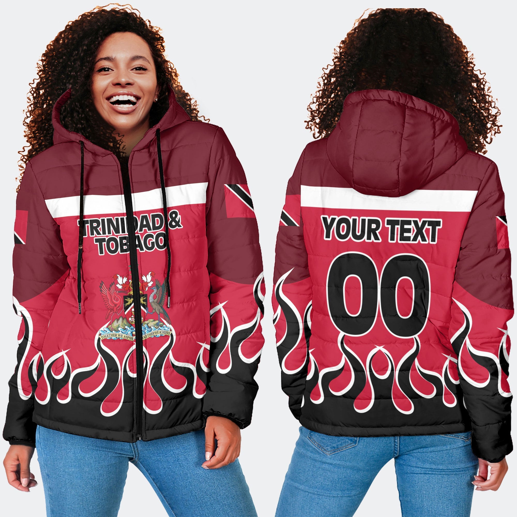 Trinidad and Tobago Women Hooded Padded Jacket Flag & Coat Of Arms Fire Hockey Style