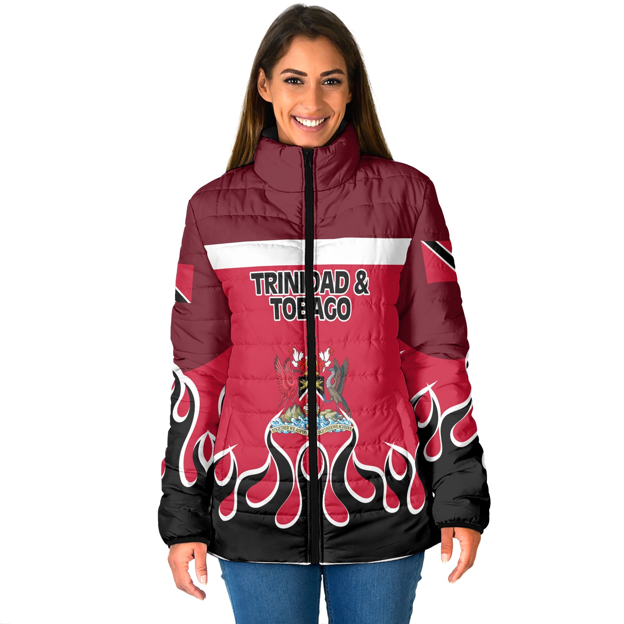 Trinidad and Tobago Women Padded Jacket Flag & Coat Of Arms Fire Hockey Style