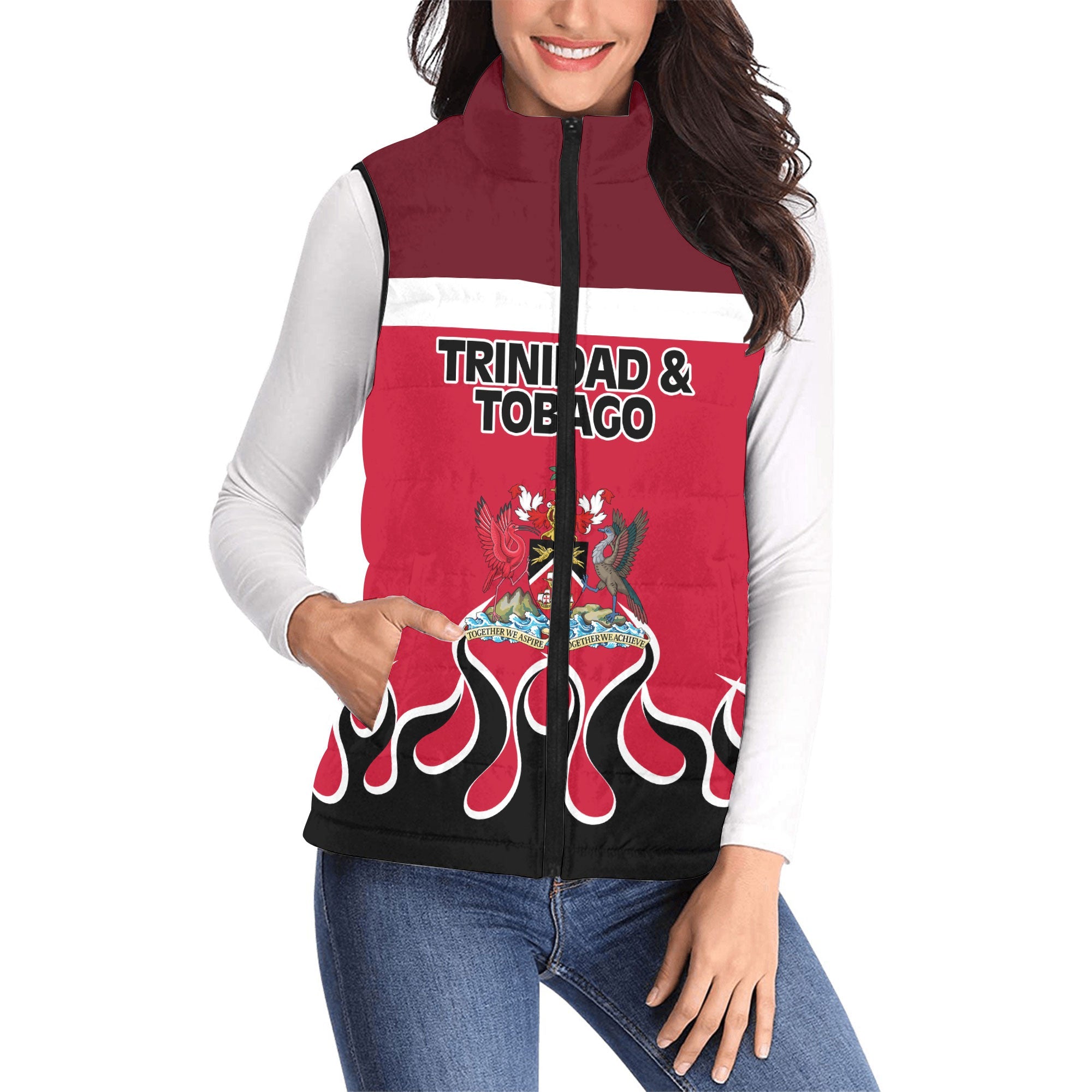 Trinidad and Tobago Women Padded Jacket Vest Flag & Coat Of Arms Fire Hockey Style