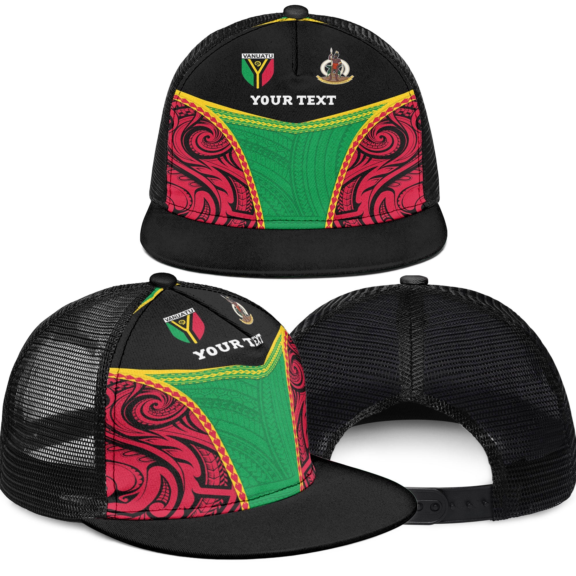 Vanuatu Flag & Coat Of Arms Trucker Hat Black Style