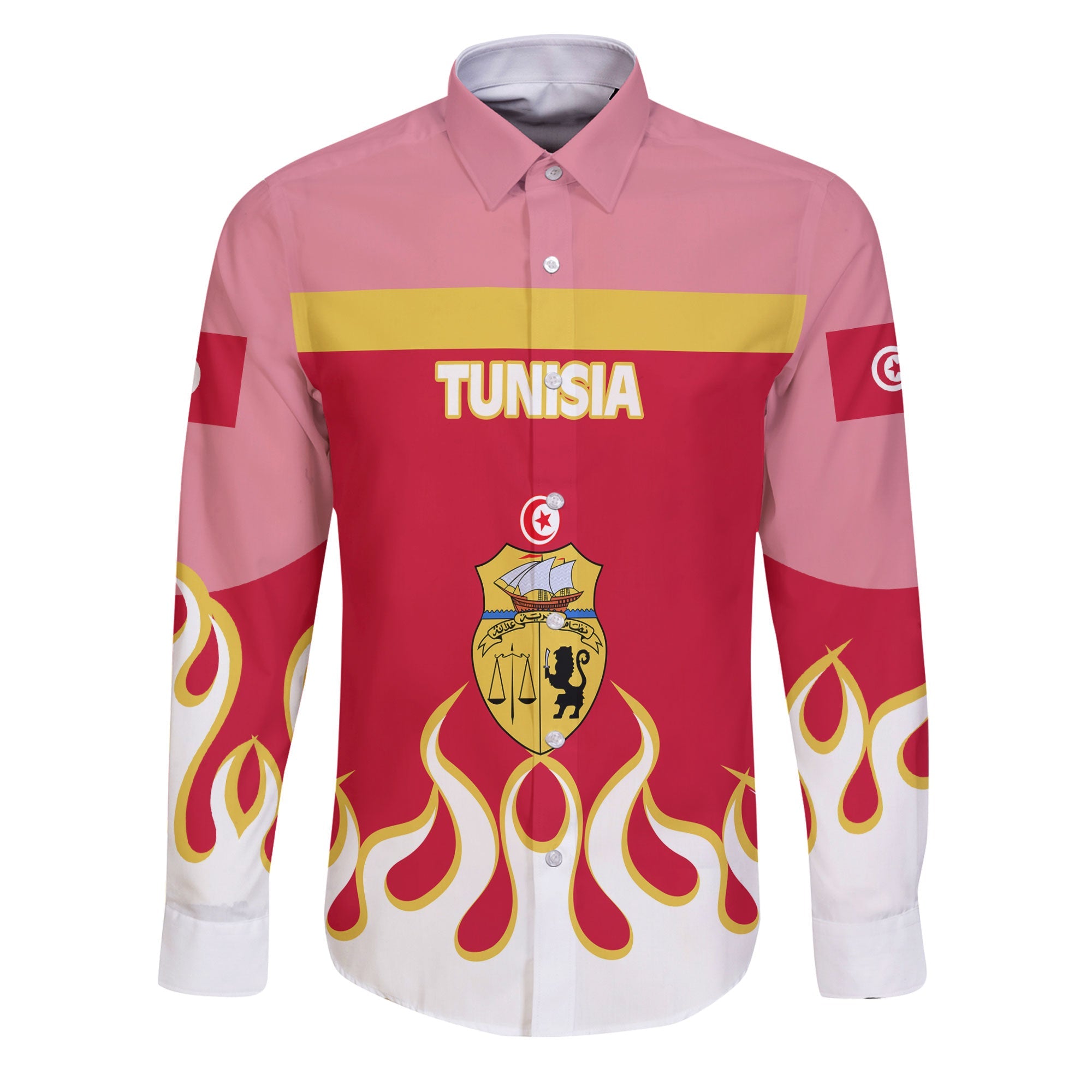 Tunisia Long Sleeve Button Shirt Flag & Coat Of Arms Fire Hockey Style