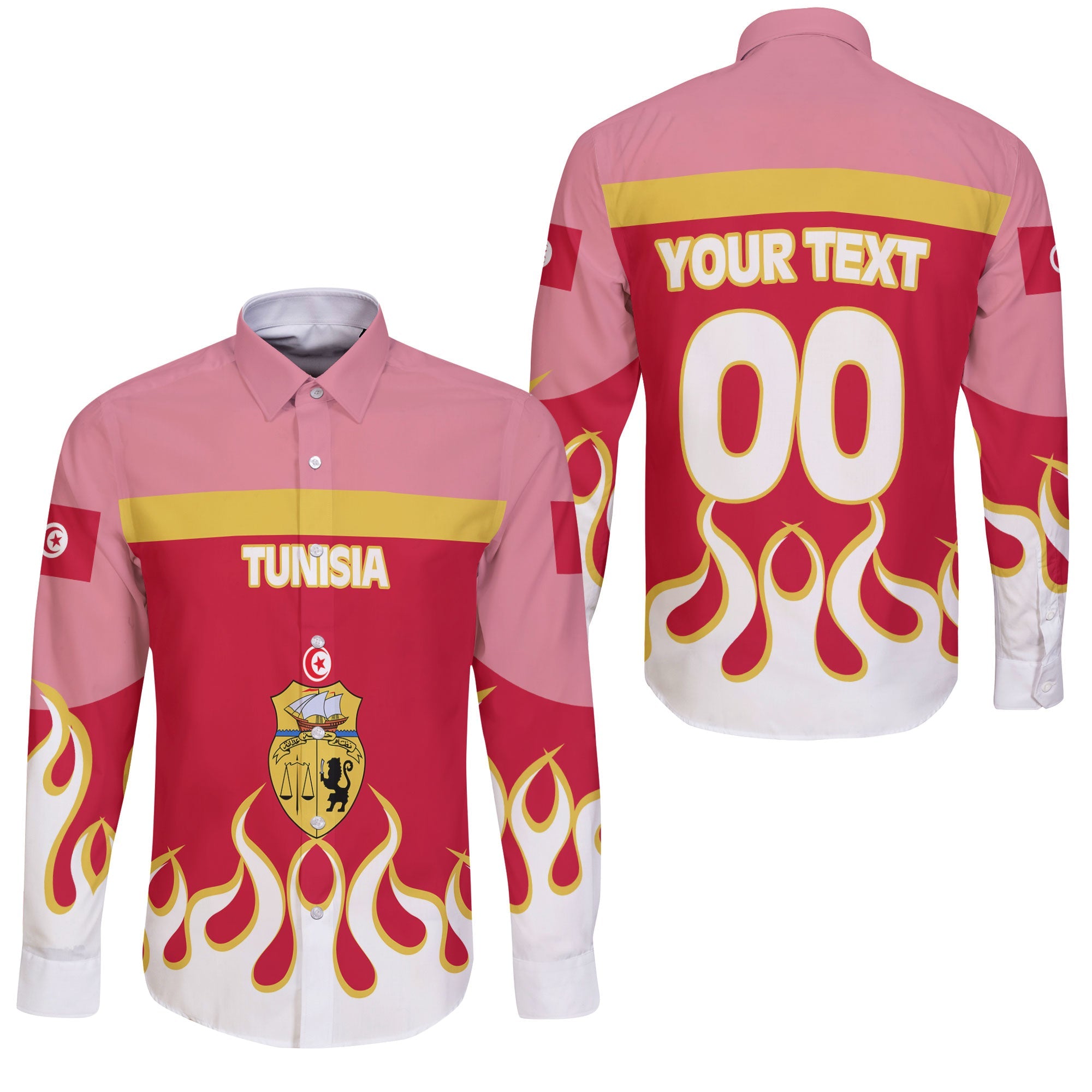 Tunisia Long Sleeve Button Shirt Flag & Coat Of Arms Fire Hockey Style