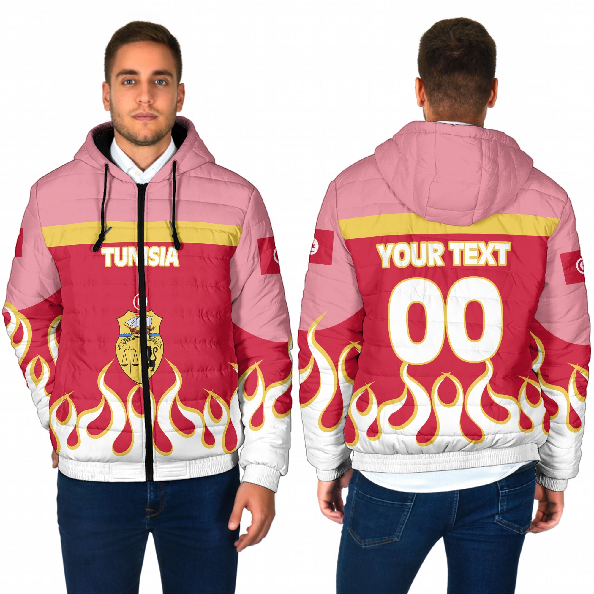 Tunisia Men Hooded Padded Jacket Flag & Coat Of Arms Fire Hockey Style