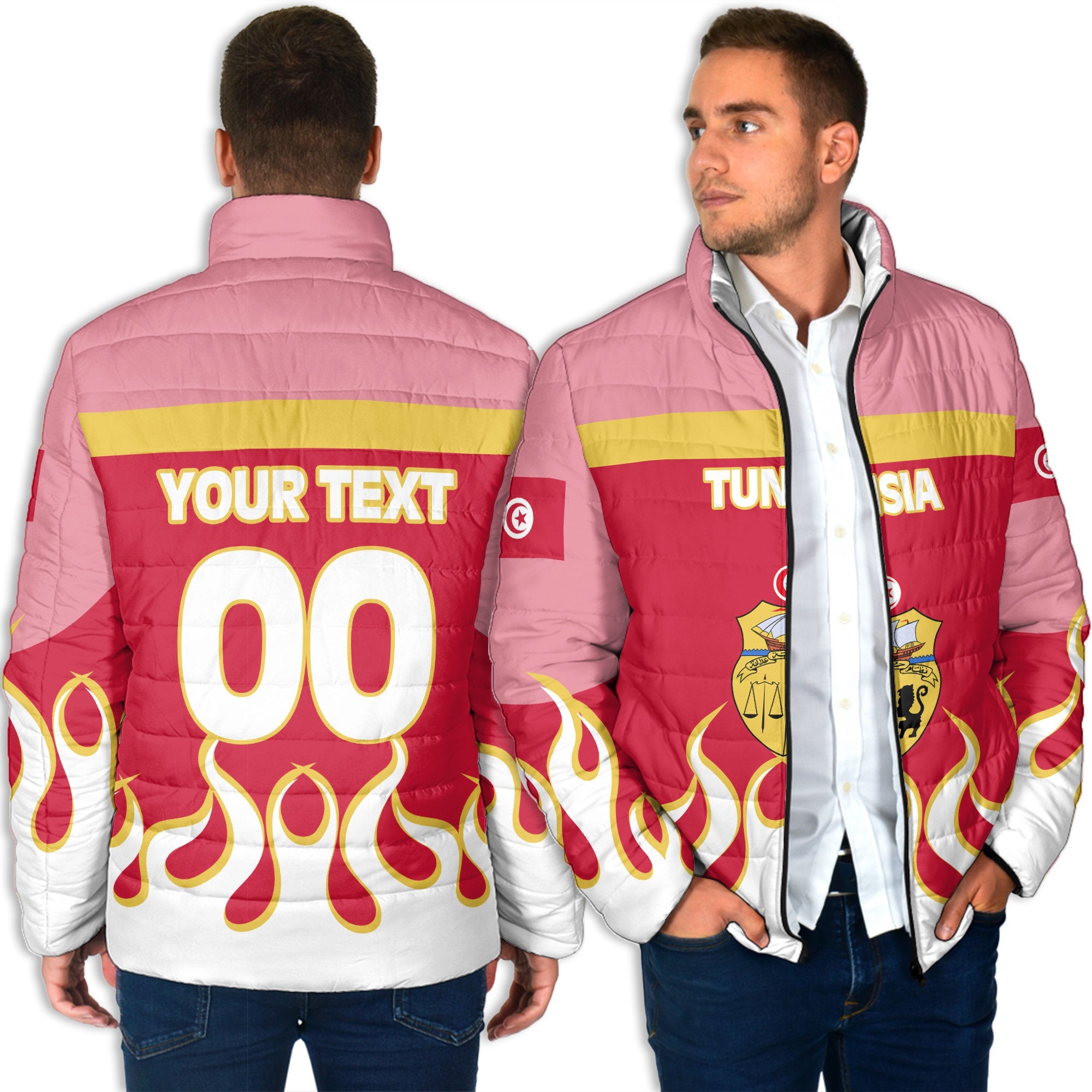 Tunisia Men Padded Jacket Flag & Coat Of Arms Fire Hockey Style