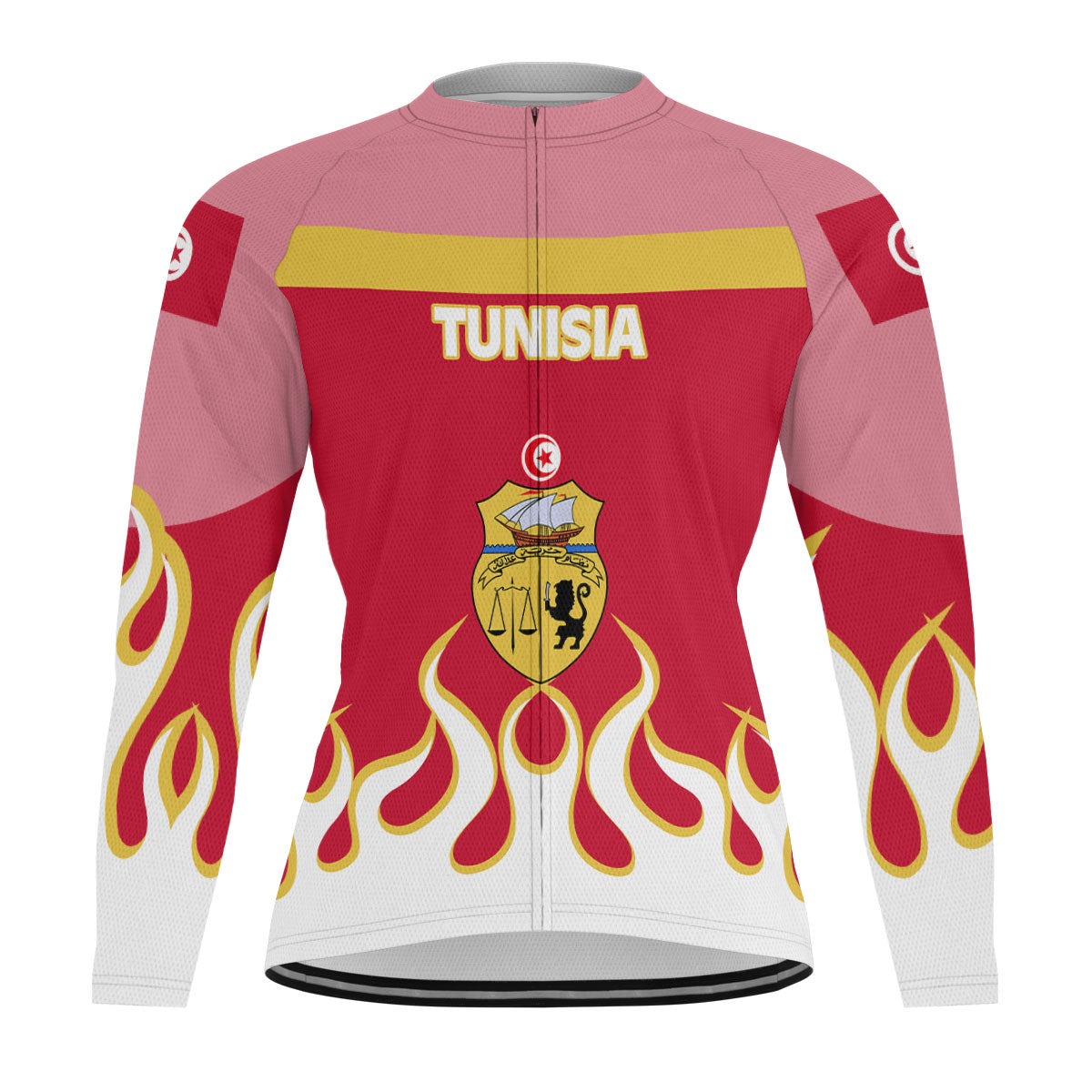 Tunisia Men's Cycling Jersey Long Sleeve Flag & Coat Of Arms Fire Hockey Style