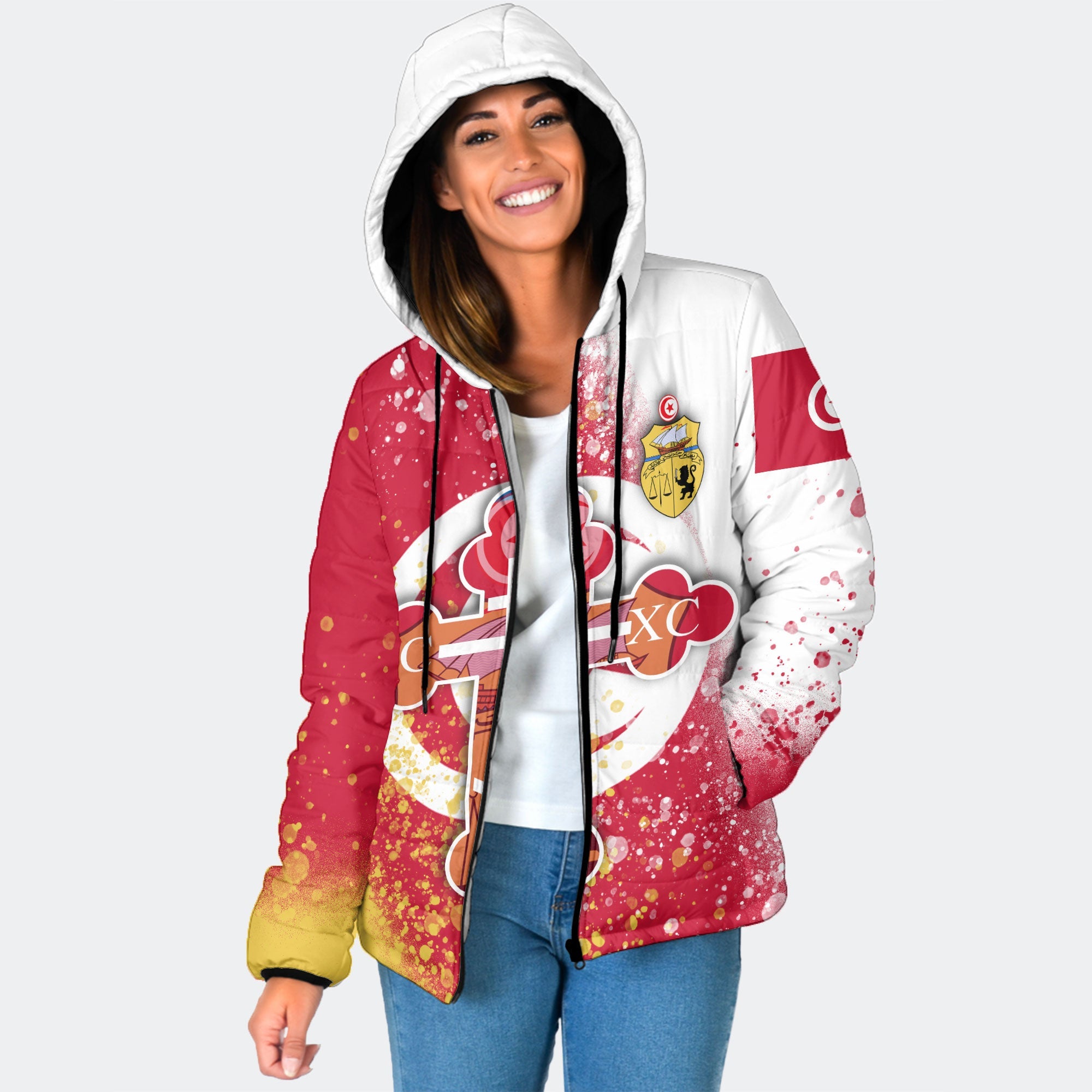 Tunisia Women Hooded Padded Jacket Flag & Coat Of Arms Orthodox Style