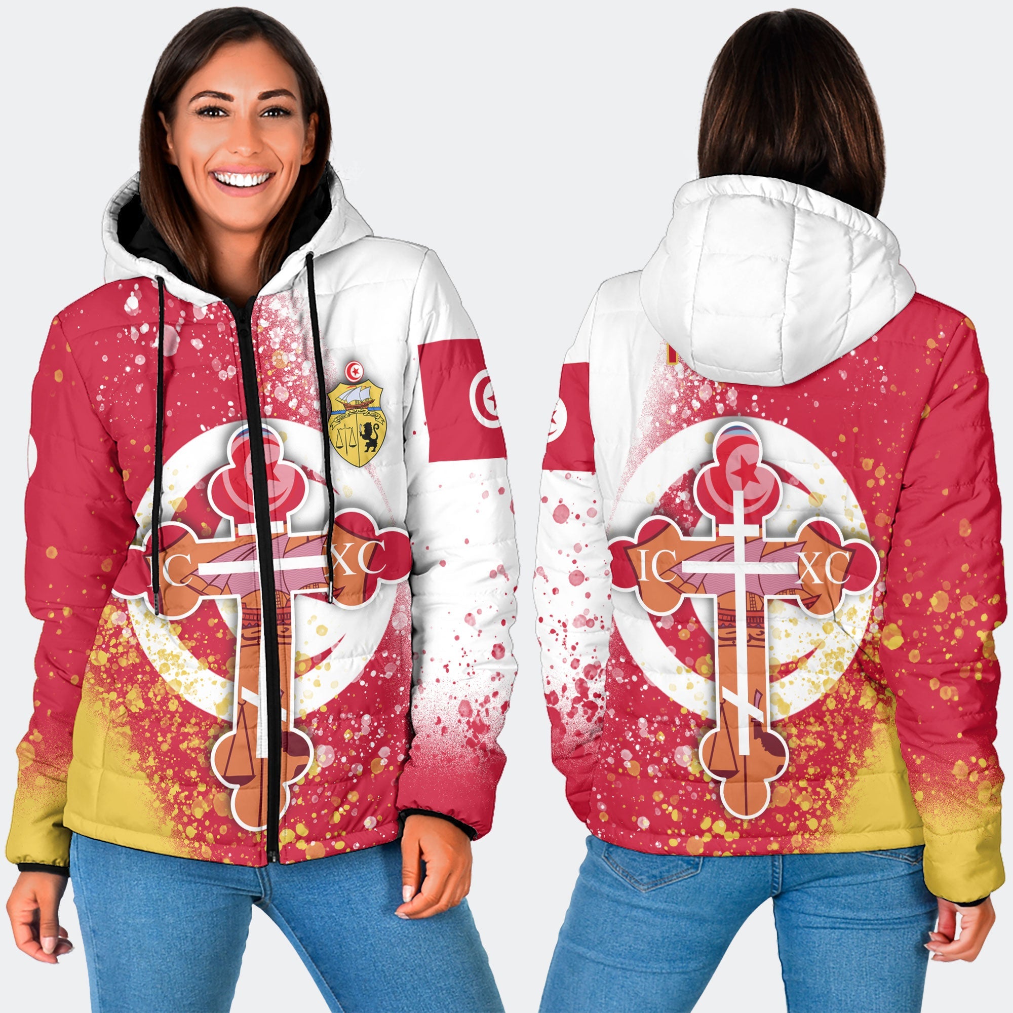 Tunisia Women Hooded Padded Jacket Flag & Coat Of Arms Orthodox Style