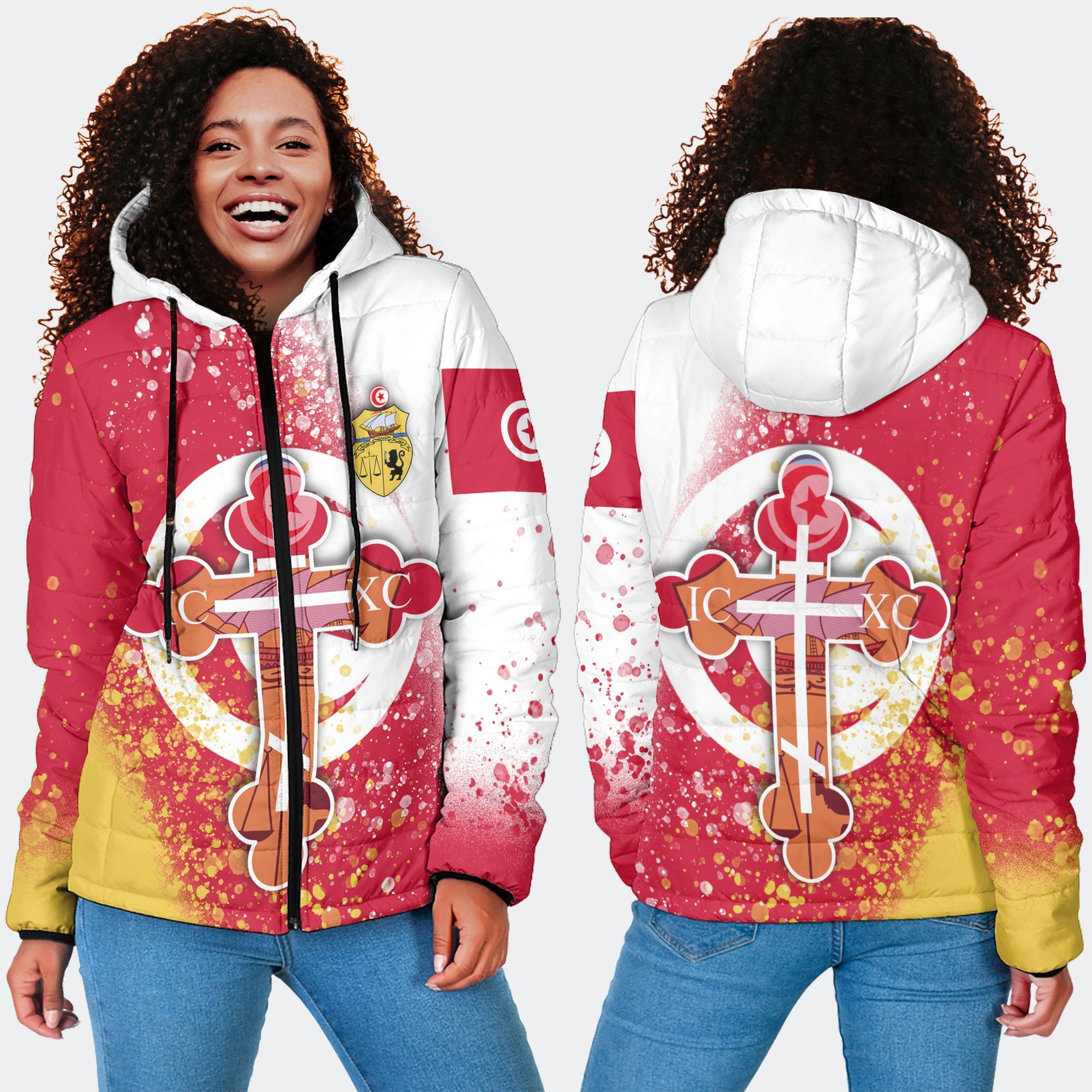 Tunisia Women Hooded Padded Jacket Flag & Coat Of Arms Orthodox Style