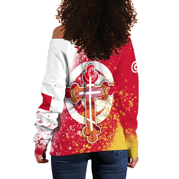 Tunisia Women Off Shoulder Sweatshirt Flag & Coat Of Arms Orthodox Style