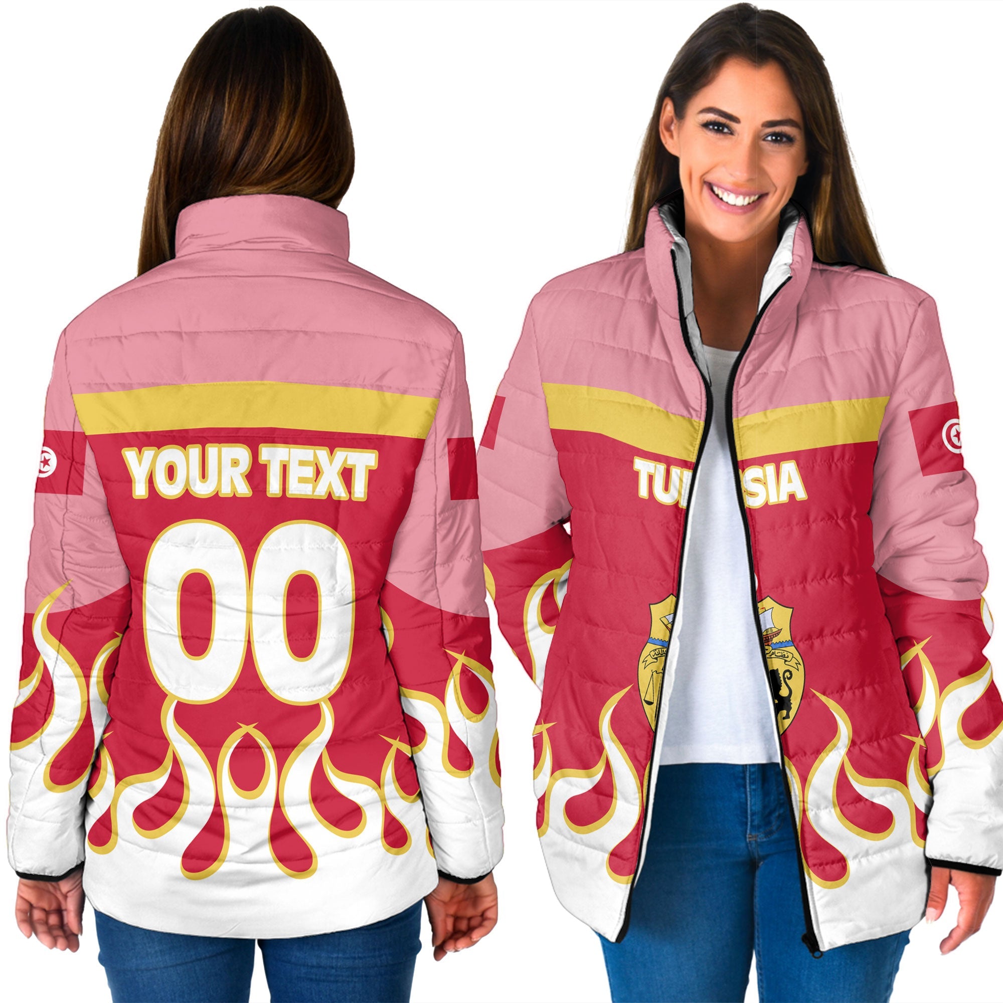 Tunisia Women Padded Jacket Flag & Coat Of Arms Fire Hockey Style