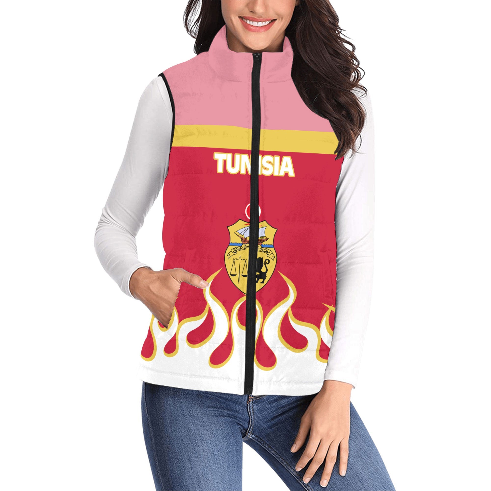 Tunisia Women Padded Jacket Vest Flag & Coat Of Arms Fire Hockey Style