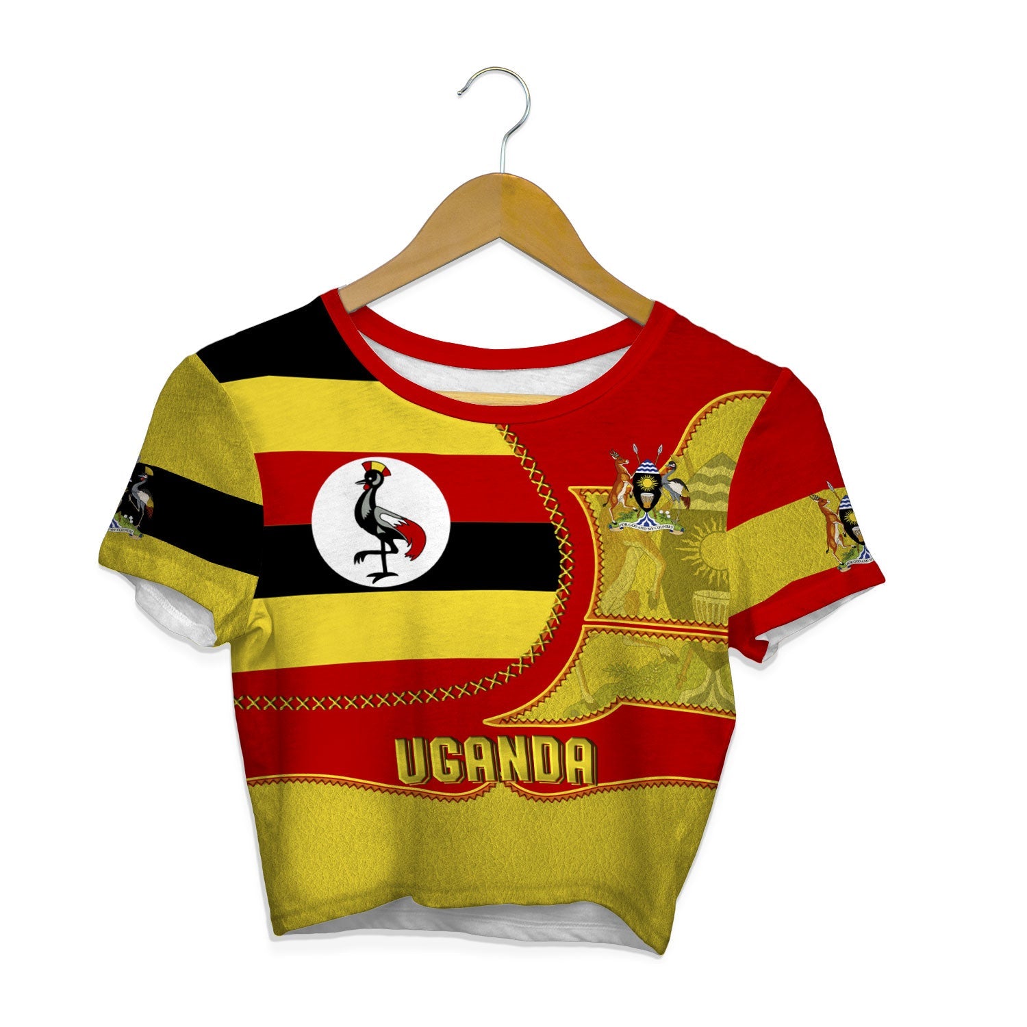 Uganda Crop Top T Shirt Flag & Coat Of Arms Leather Style