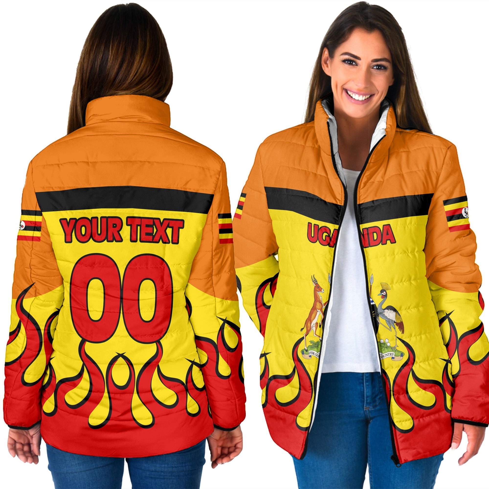 Uganda Women Padded Jacket Flag & Coat Of Arms Fire Hockey Style