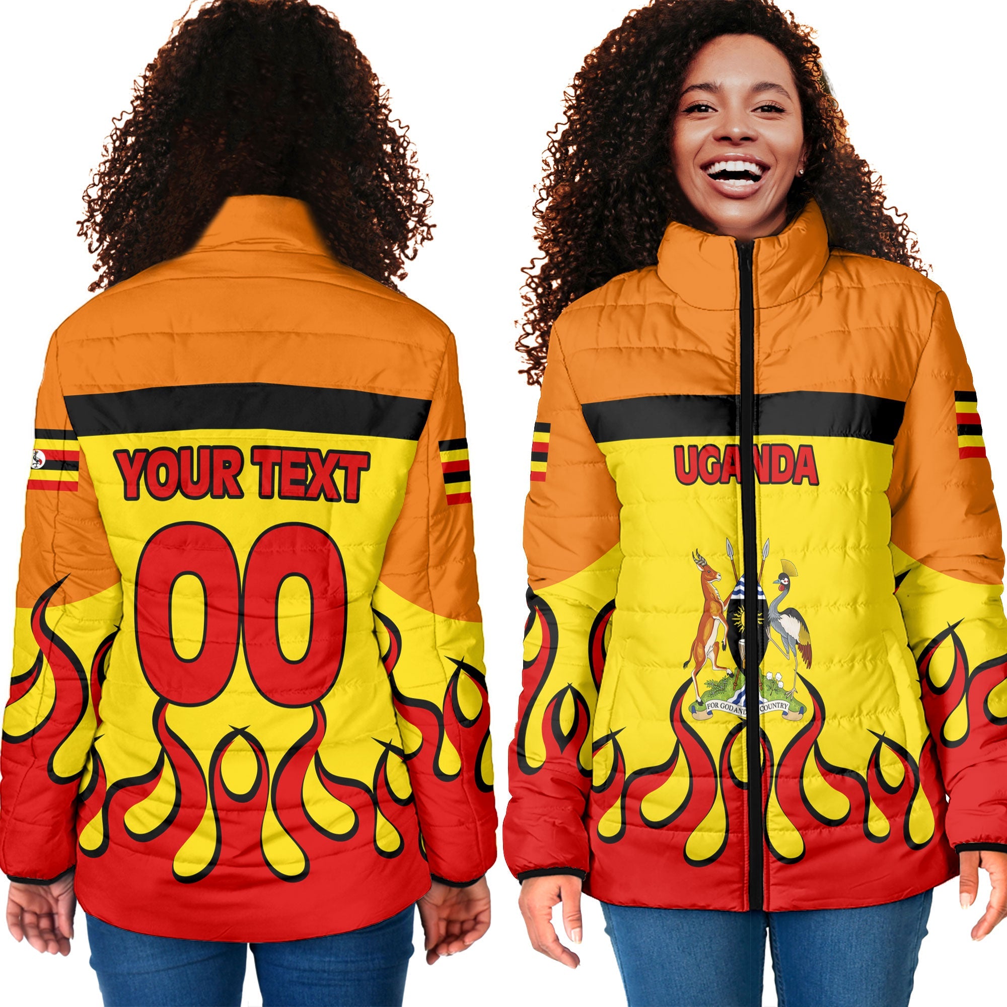 Uganda Women Padded Jacket Flag & Coat Of Arms Fire Hockey Style