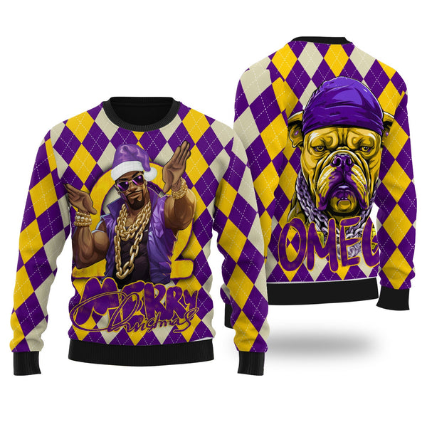 Fraternity Sweater - OPP Christmas Wool Ugly Sweater Bulldog Purple Gold Caro Pattern Style