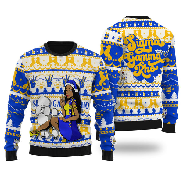 Sorority Sweater - Sigma Gamma Rho Christmas Wool Ugly Sweater Woman Walking Poodle Style