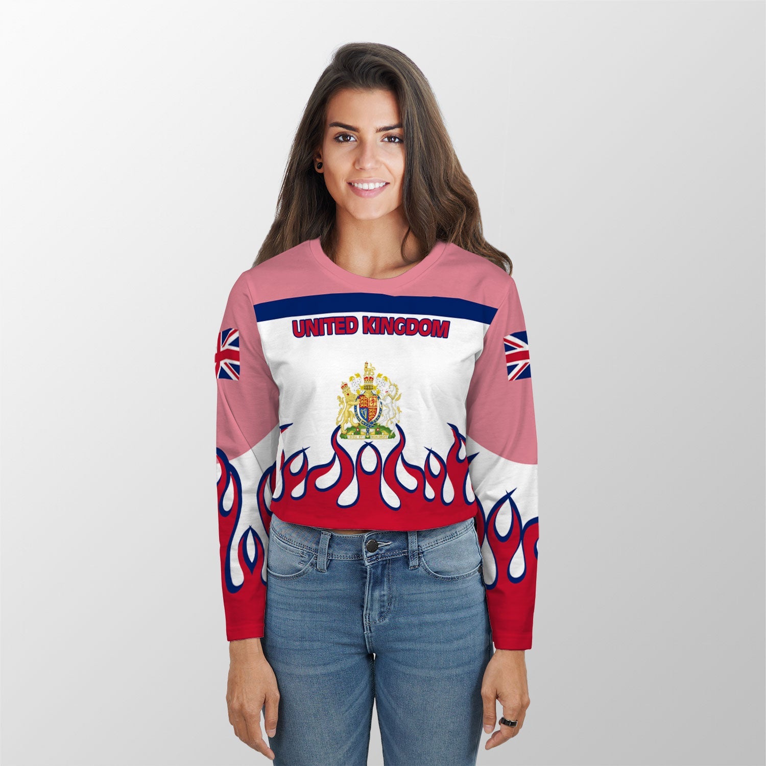 United Kingdom Crop Top Long TShirt Flag & Coat Of Arms Fire Hockey Style