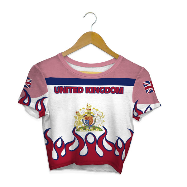 United Kingdom Crop Top T Shirt Flag & Coat Of Arms Fire Hockey Style