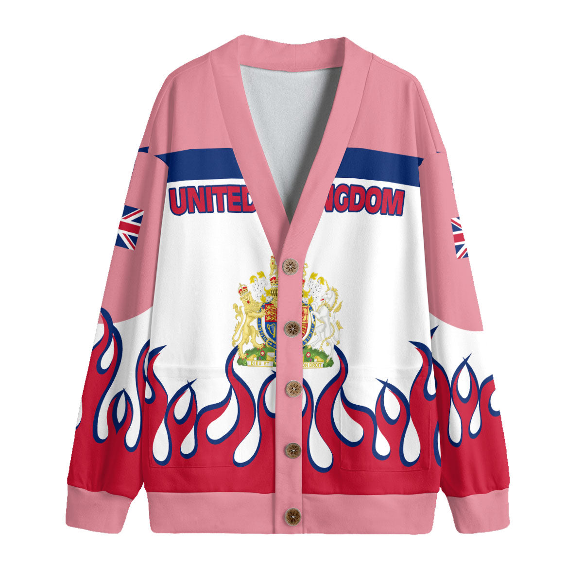 United Kingdom Fleece Cardigan Flag & Coat Of Arms Fire Hockey Style