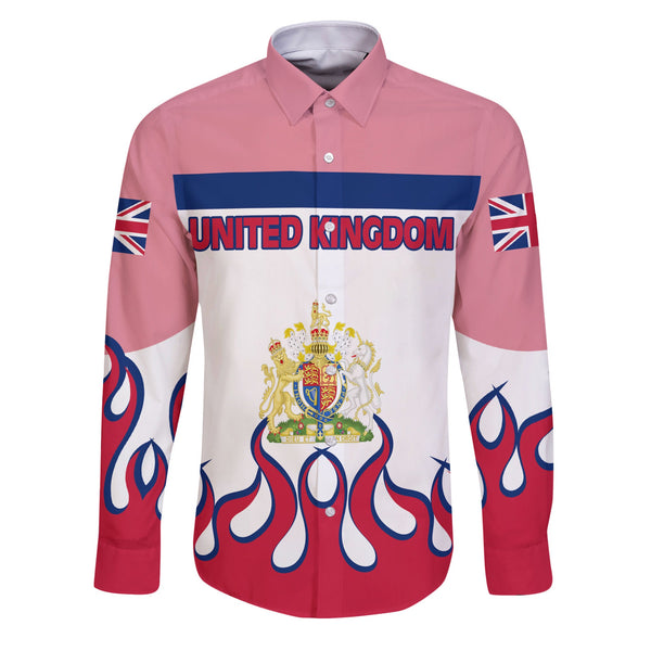 United Kingdom Long Sleeve Button Shirt Flag & Coat Of Arms Fire Hockey Style