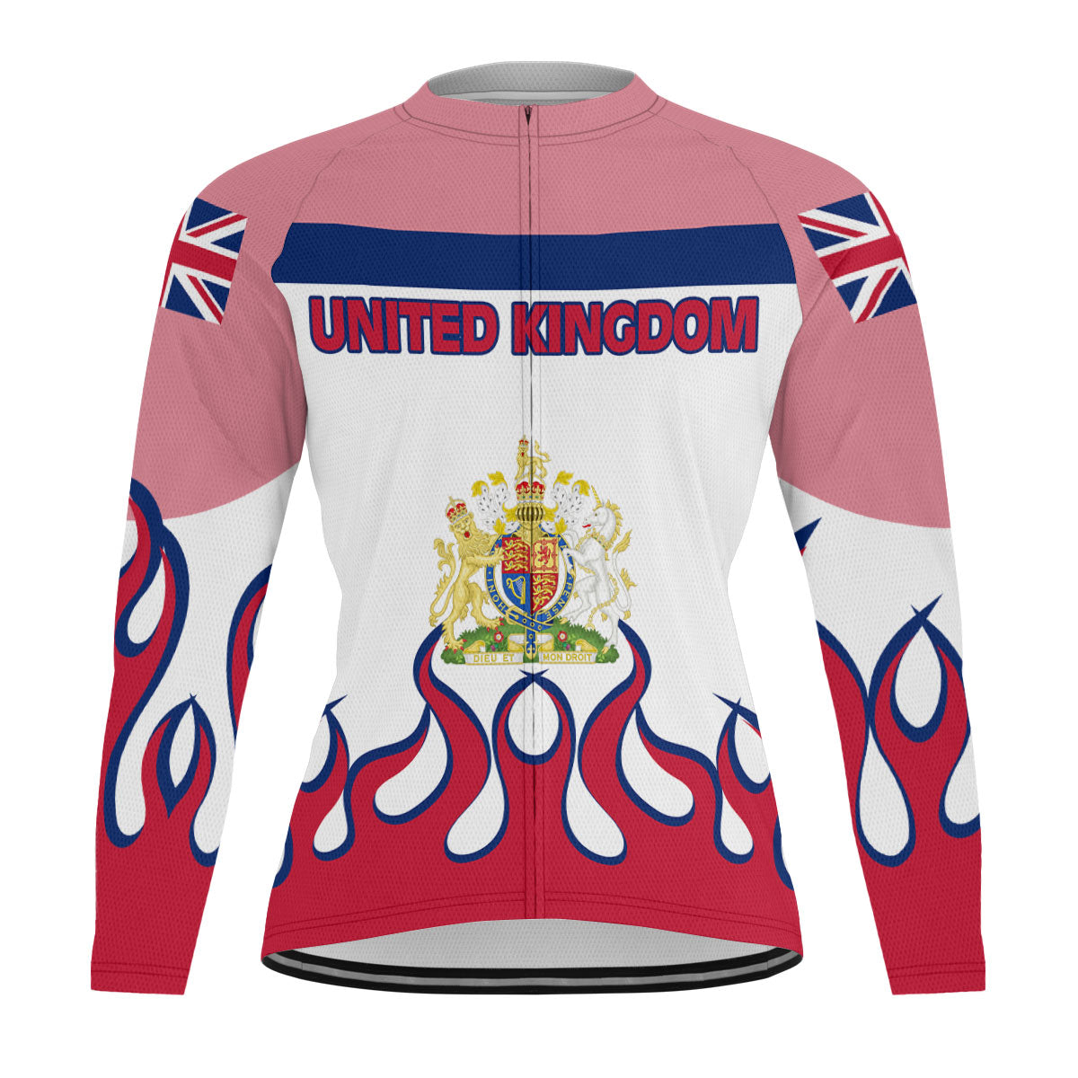 United Kingdom Men's Cycling Jersey Long Sleeve Flag & Coat Of Arms Fire Hockey Style