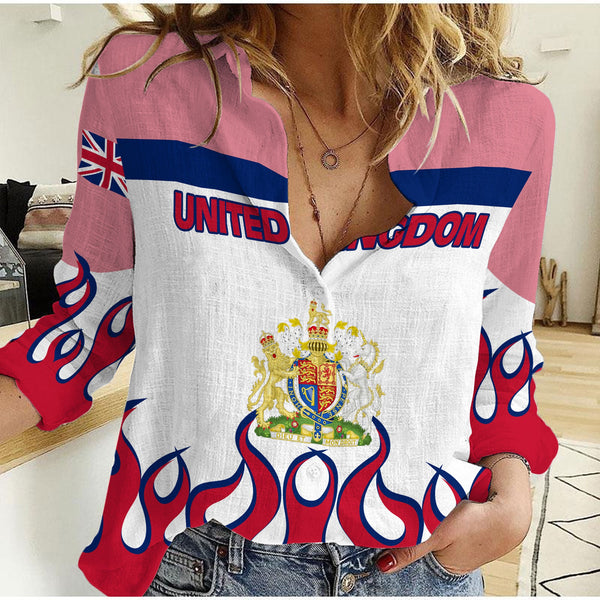 United Kingdom Women Casual Shirt Flag & Coat Of Arms Fire Hockey Style