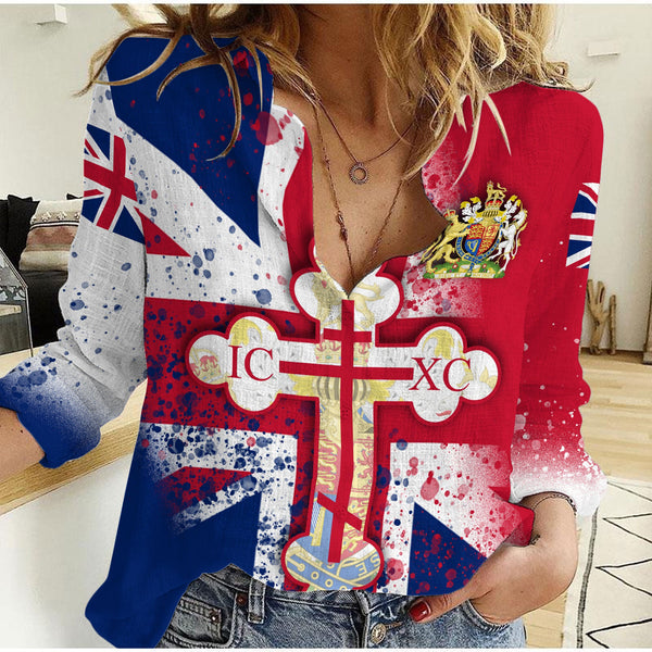 United Kingdom Women Casual Shirt Flag & Coat Of Arms Orthodox Style