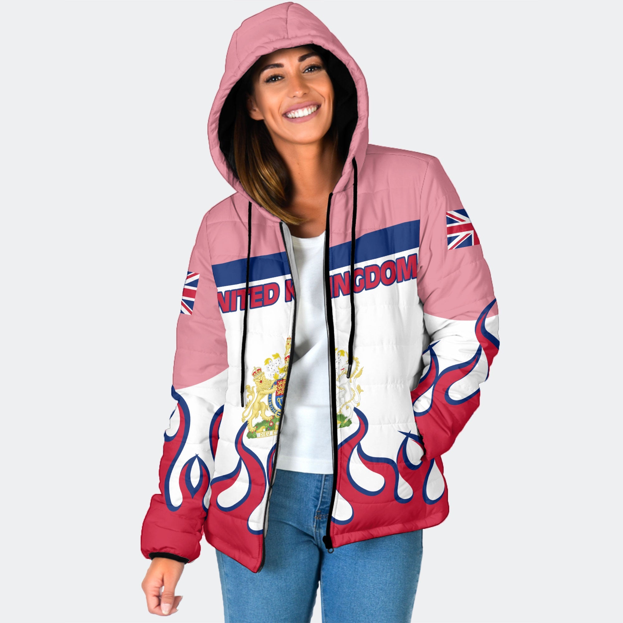 United Kingdom Women Hooded Padded Jacket Flag & Coat Of Arms Fire Hockey Style