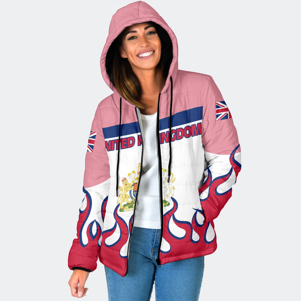 United Kingdom Women Hooded Padded Jacket Flag & Coat Of Arms Fire Hockey Style