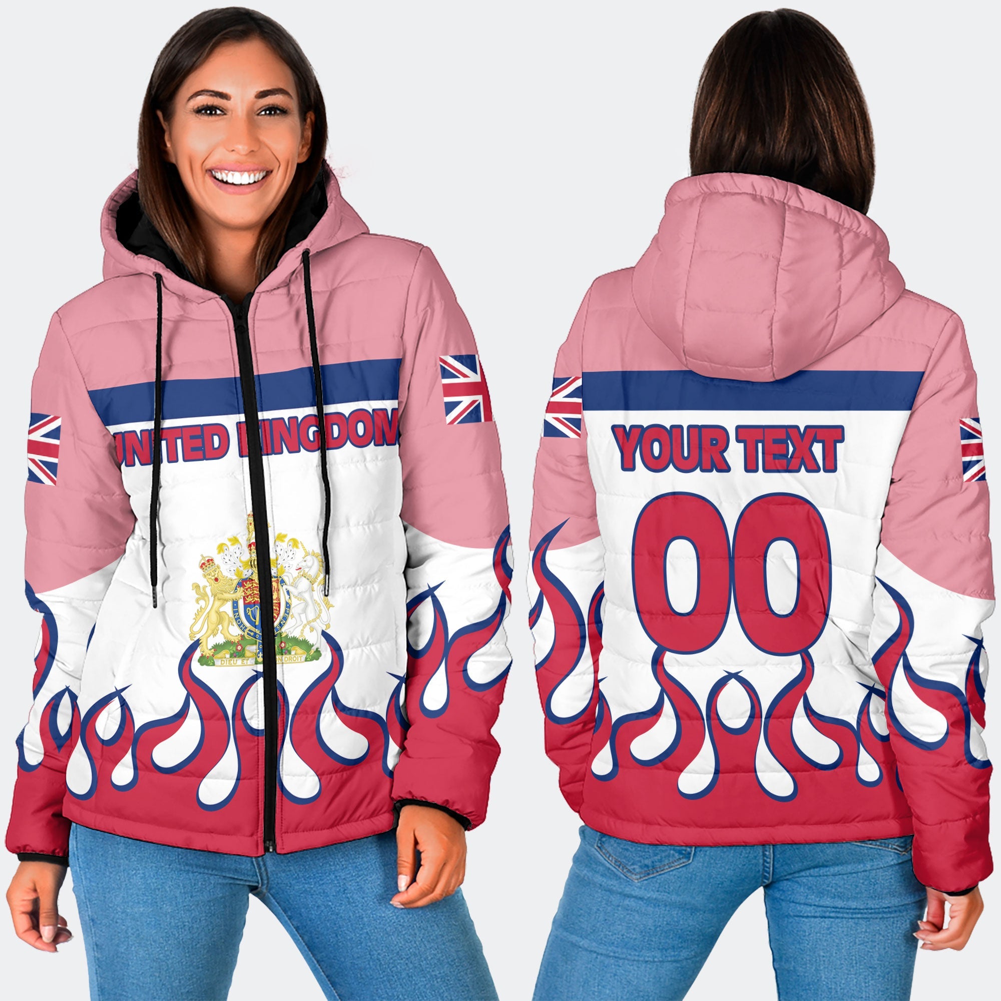 United Kingdom Women Hooded Padded Jacket Flag & Coat Of Arms Fire Hockey Style