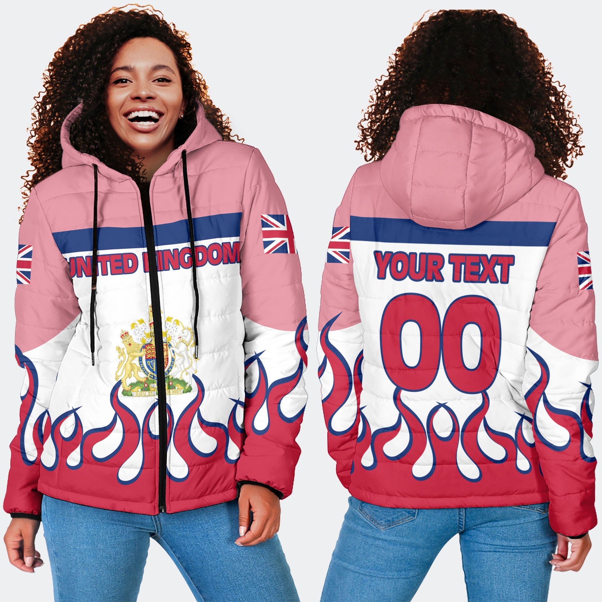 United Kingdom Women Hooded Padded Jacket Flag & Coat Of Arms Fire Hockey Style