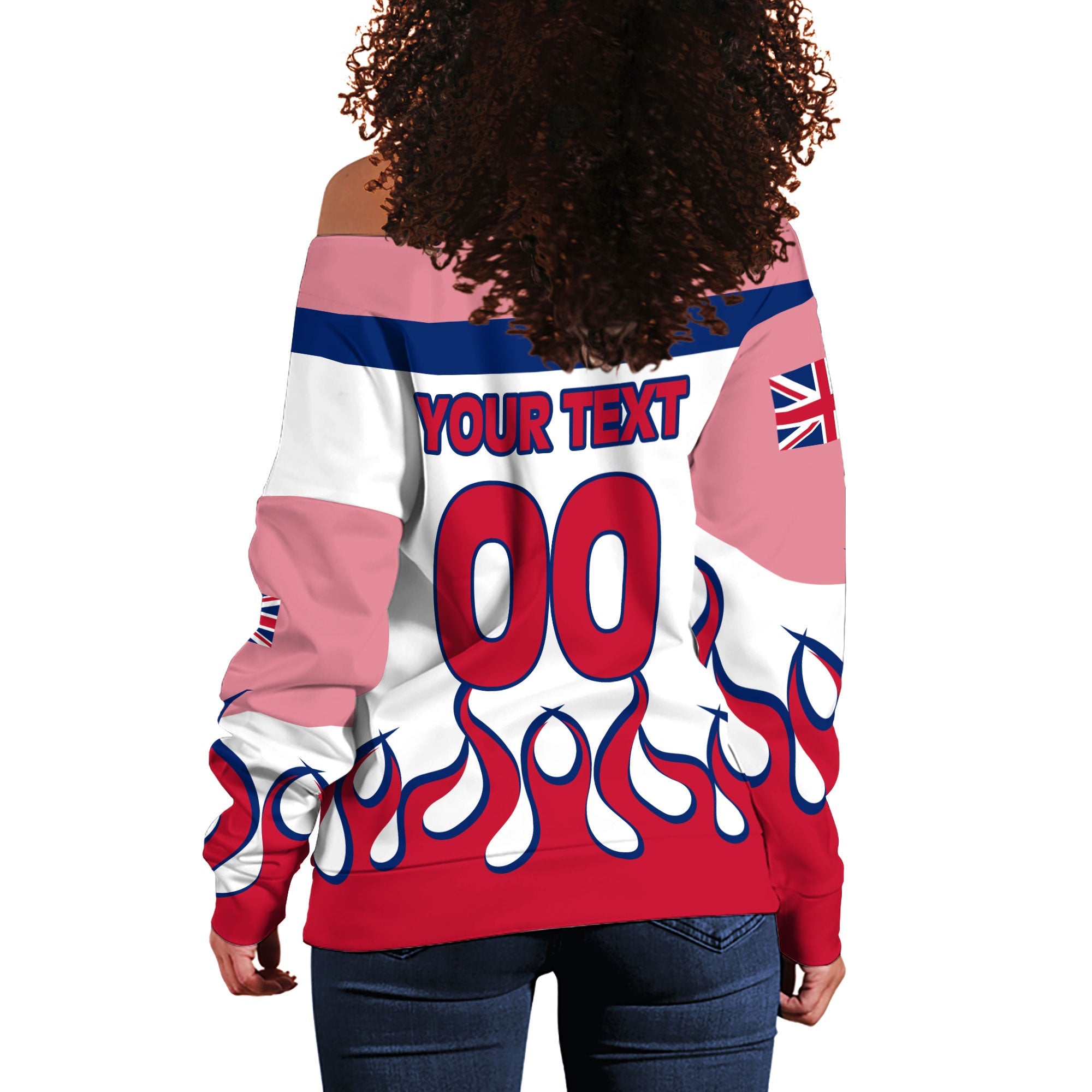 United Kingdom Women Off Shoulder Sweatshirt Flag & Coat Of Arms Fire Hockey Style