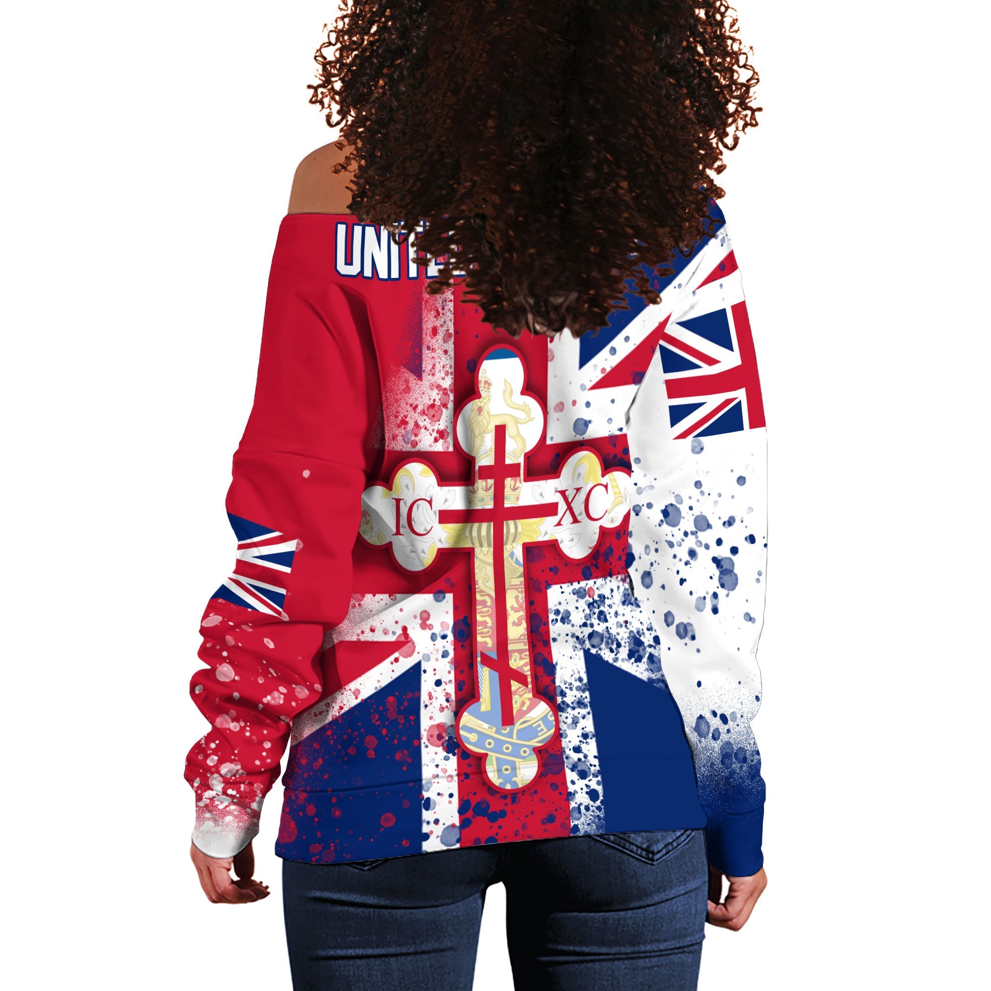 United Kingdom Women Off Shoulder Sweatshirt Flag & Coat Of Arms Orthodox Style