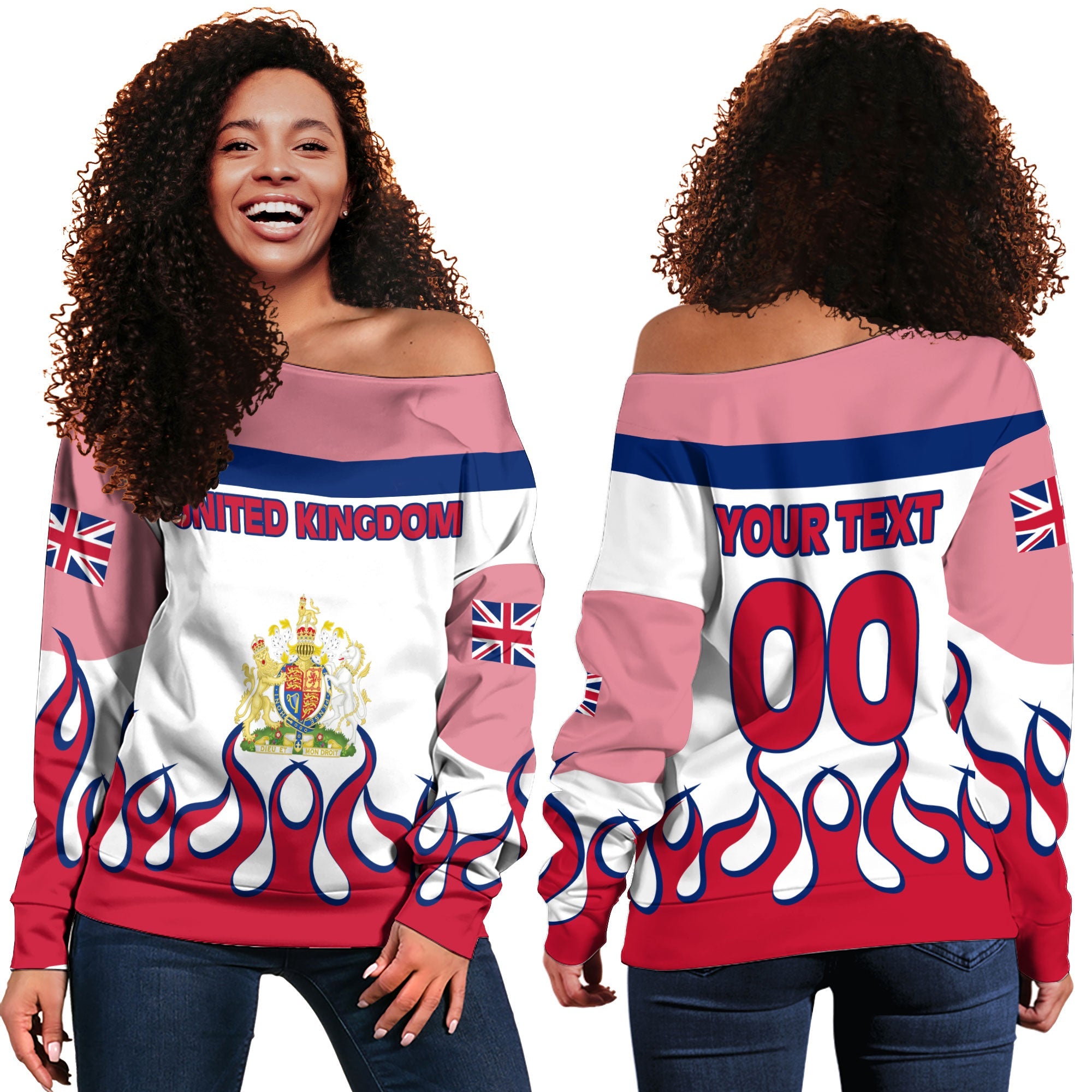 United Kingdom Women Off Shoulder Sweatshirt Flag & Coat Of Arms Fire Hockey Style